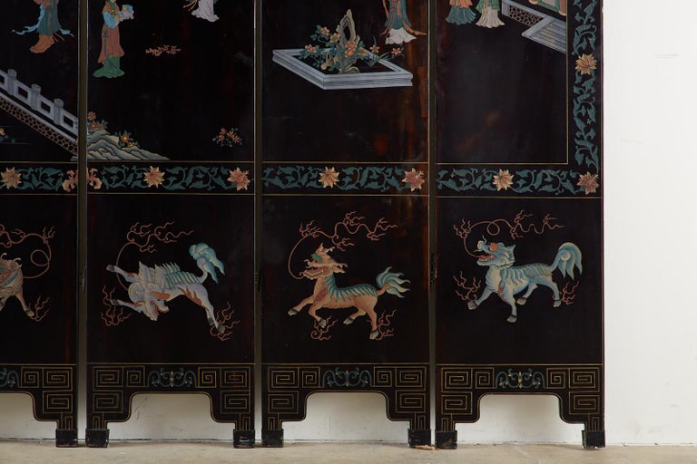 Midcentury Chinese Export Six-Panel Lacquered Coromandel Screen For Sale 2
