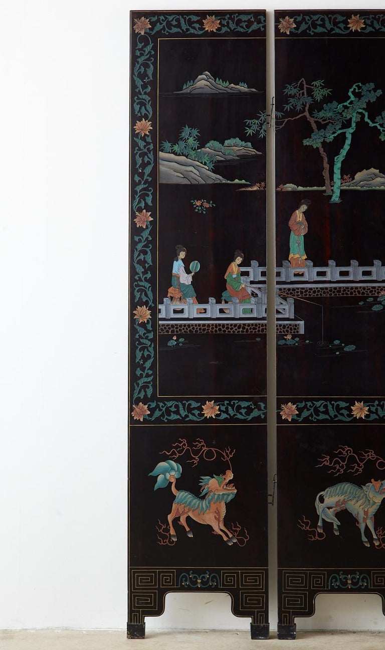 Midcentury Chinese Export Six-Panel Lacquered Coromandel Screen For Sale 3