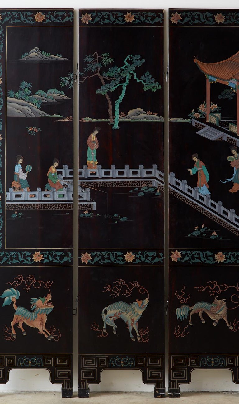 Midcentury Chinese Export Six-Panel Lacquered Coromandel Screen For Sale 4