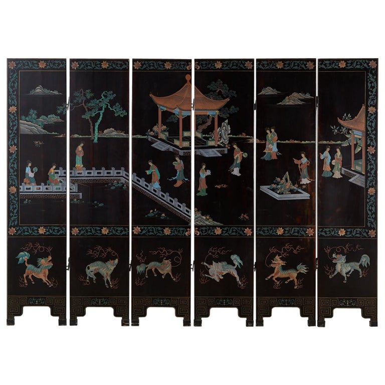 Midcentury Chinese Export Six-Panel Lacquered Coromandel Screen For Sale