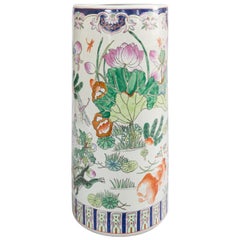 Midcentury Chinese Famille Rose Chinoiserie Lotus Flower Ceramic Umbrella Stand