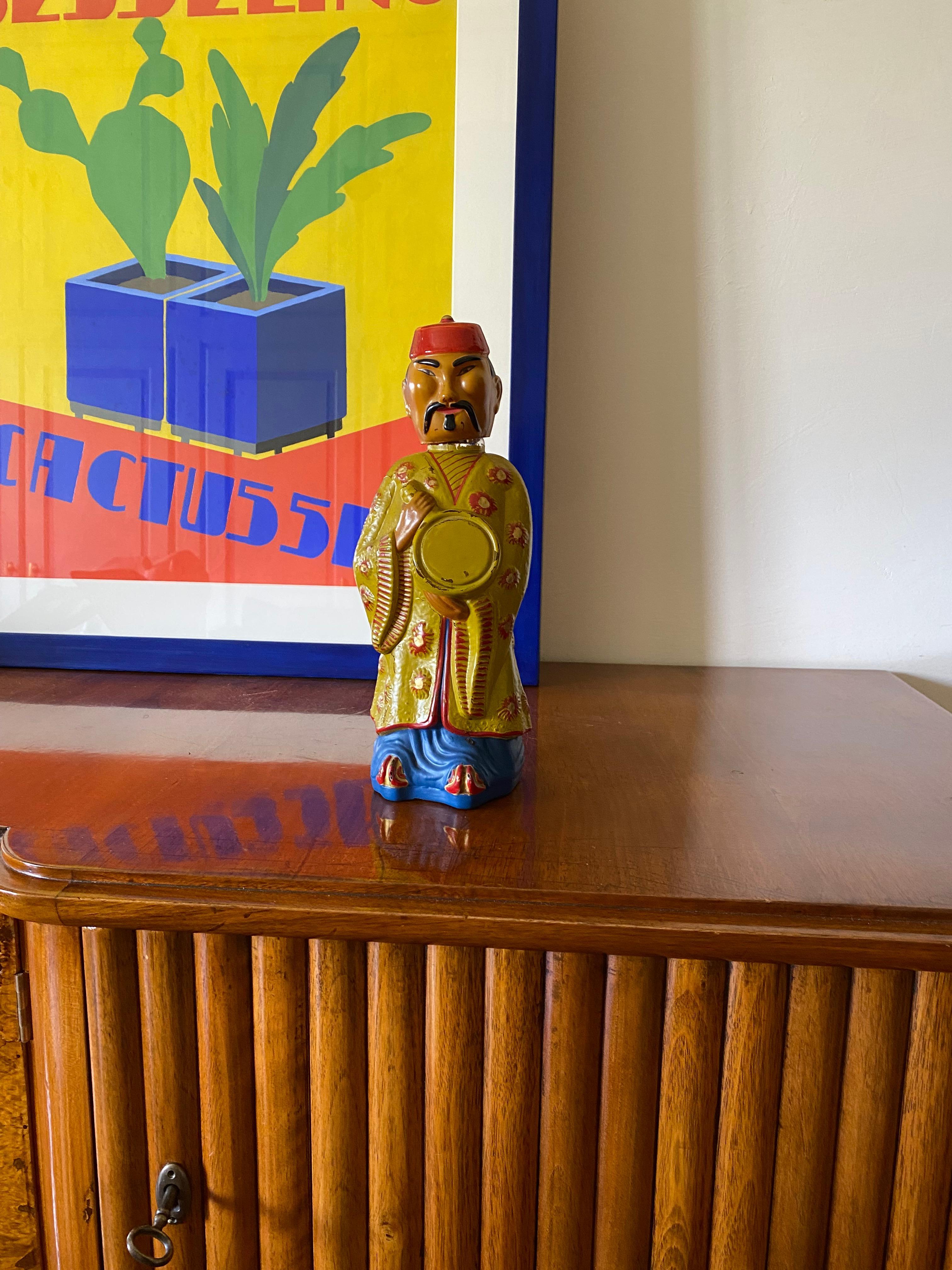 Midcentury hand painted glass bottle in the shape of an Asian man in traditional clothing.

Viarengo, Italy, 1950s 

Labelled and marked on the base

28.5 cm H

Conditions: perfect, as good as new