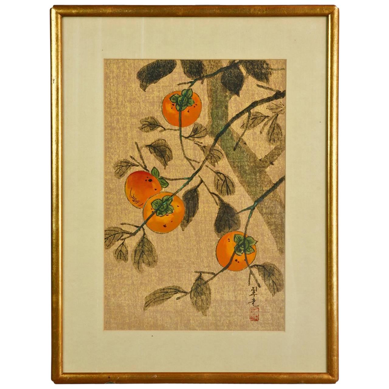 Midcentury Chinese Ink and Color on Paper Persimmon Painting