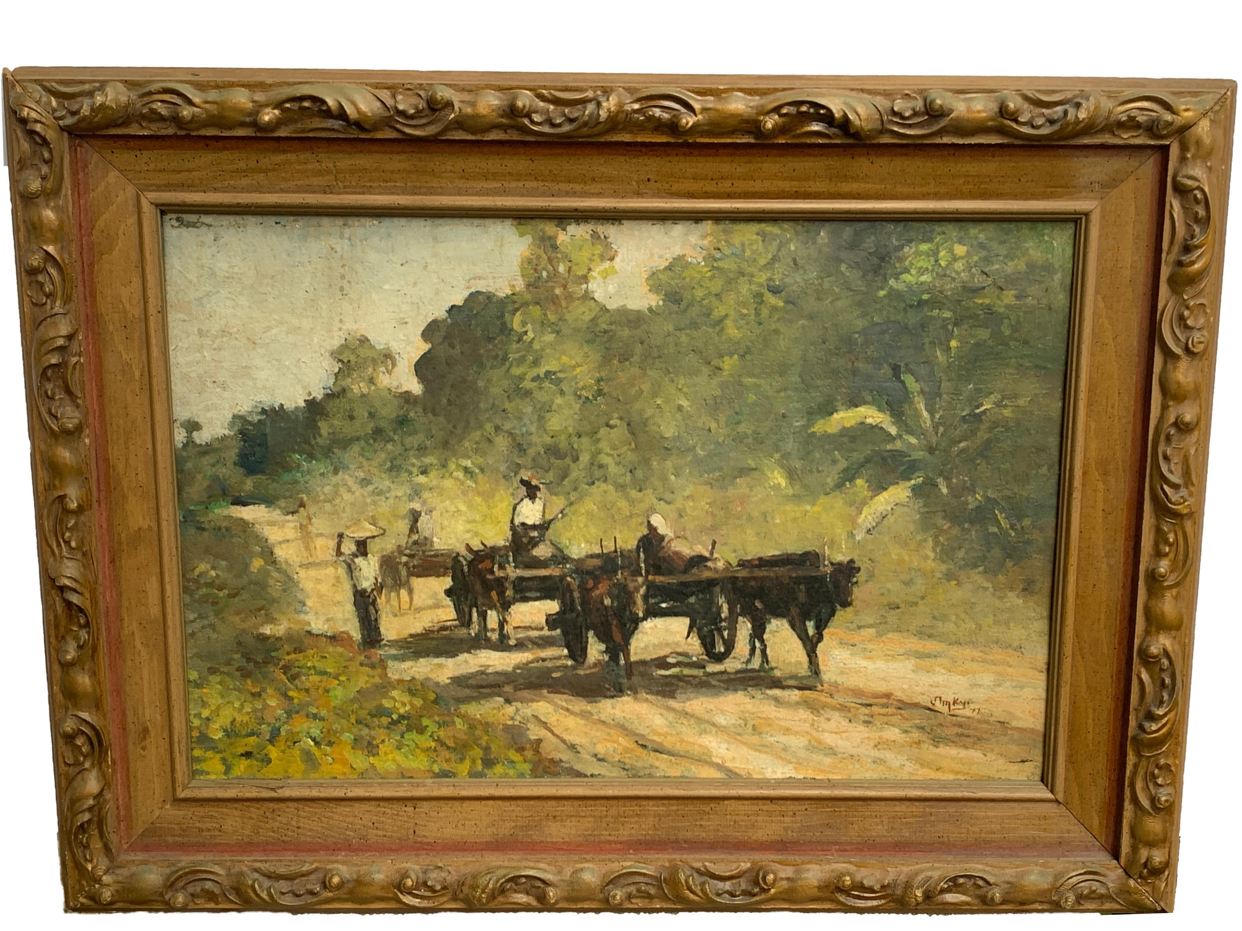 Mid-century Chinese landscape painting, farmers with oxen, signed Lower right 'Jin Ky '71'
Oil on board 12