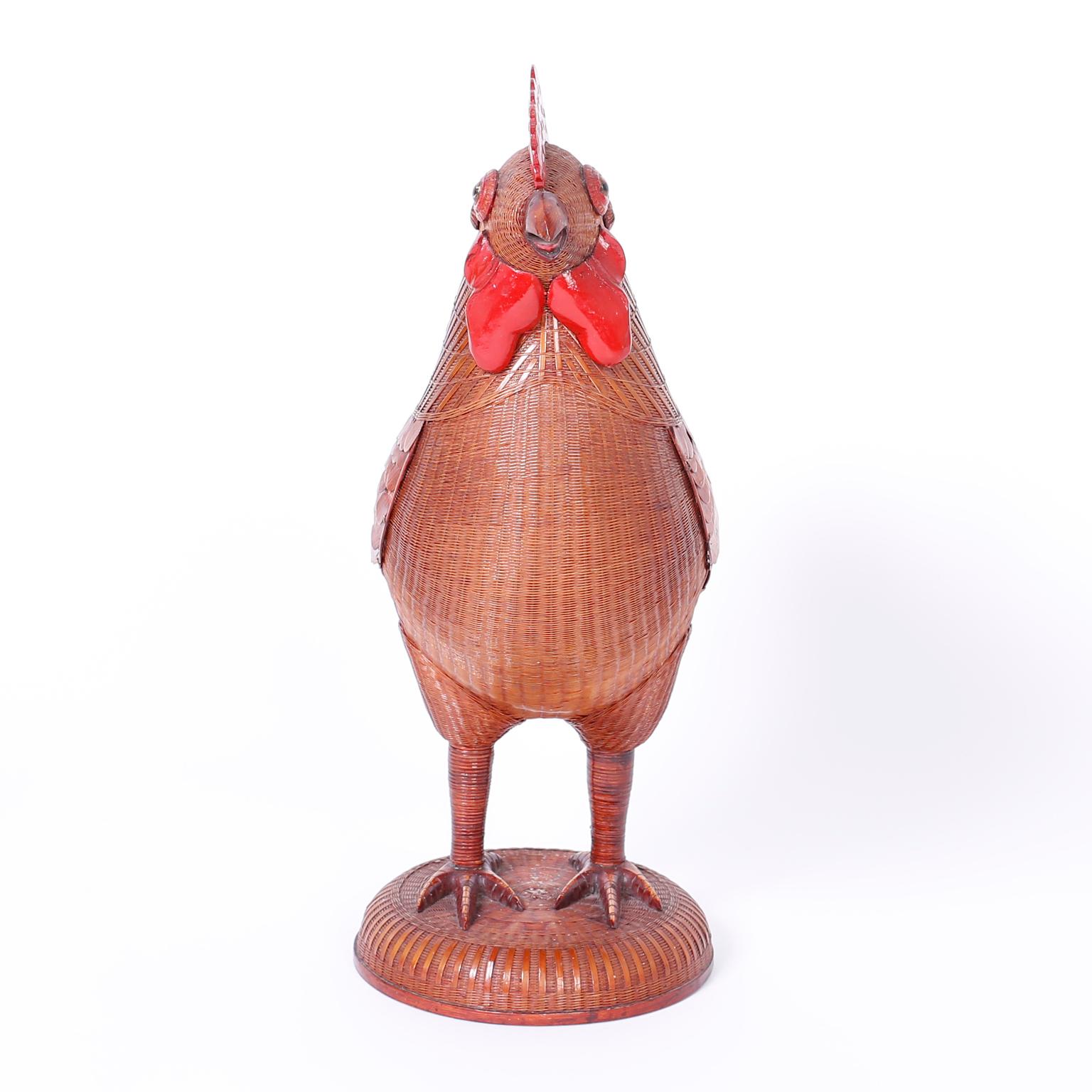 From the famed Shanghai collection, a remarkable handcrafted rooster constructed with wicker, rattan, and wood with red painted highlights.