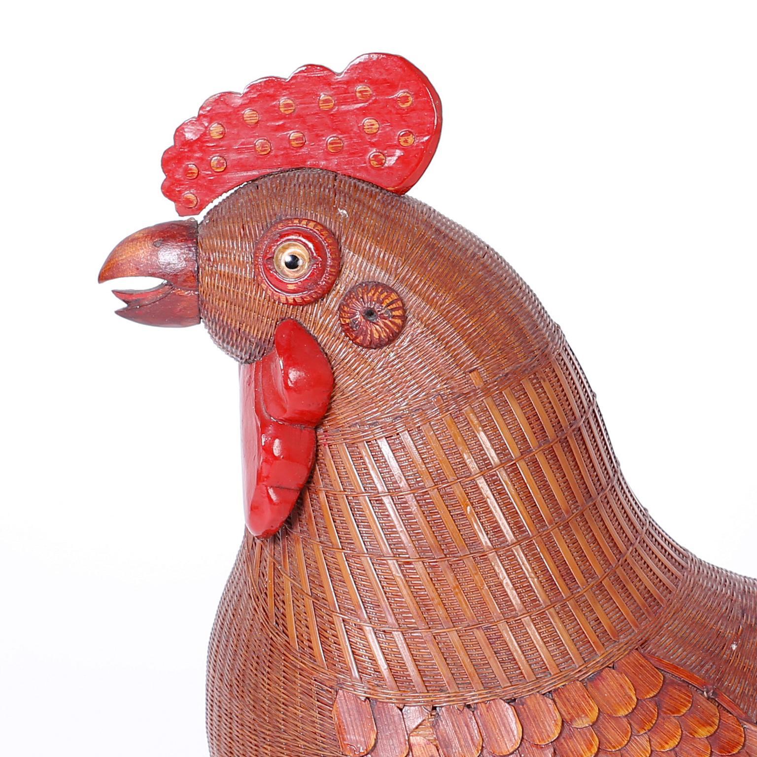 Organic Modern Midcentury Chinese Wicker and Rattan Rooster
