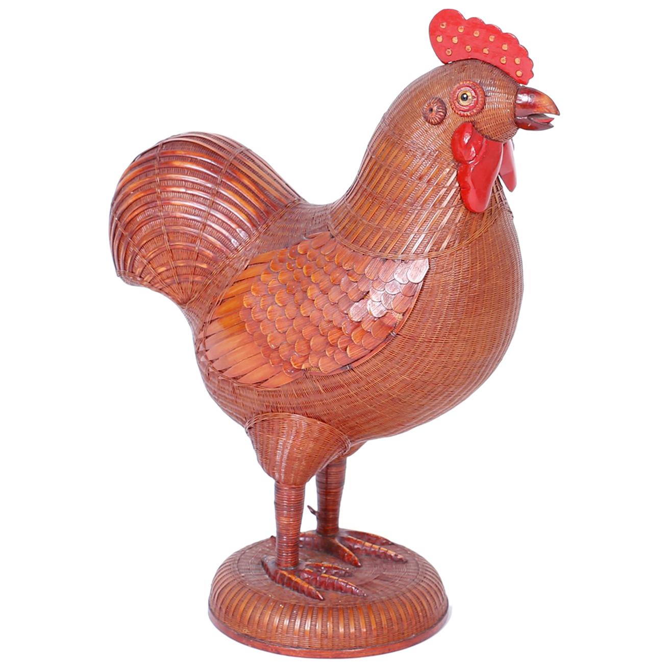 Midcentury Chinese Wicker and Rattan Rooster