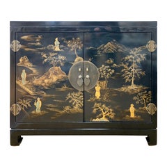 Chinese Export Black Laquer and Gilt Chinoiserie Cabinet Server Credenza Chest