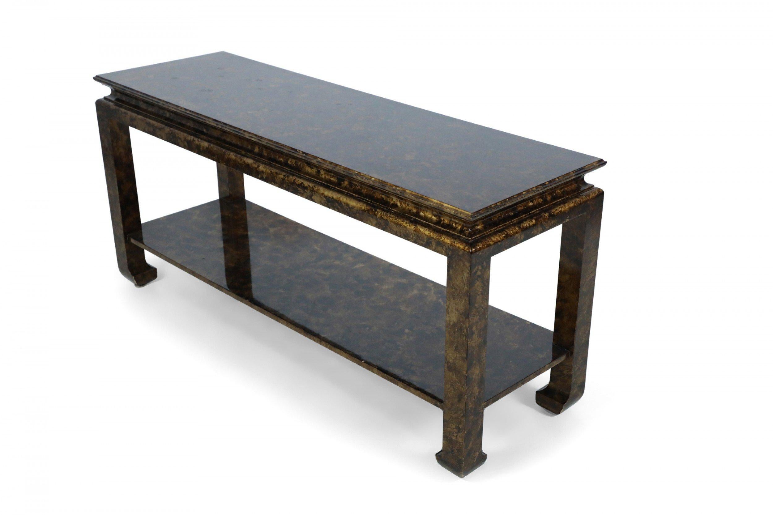 Mid-century chinoiserie style rectangular console table with a faux tortoise shell veneer, high gloss lacquered finish, and lower shelf.