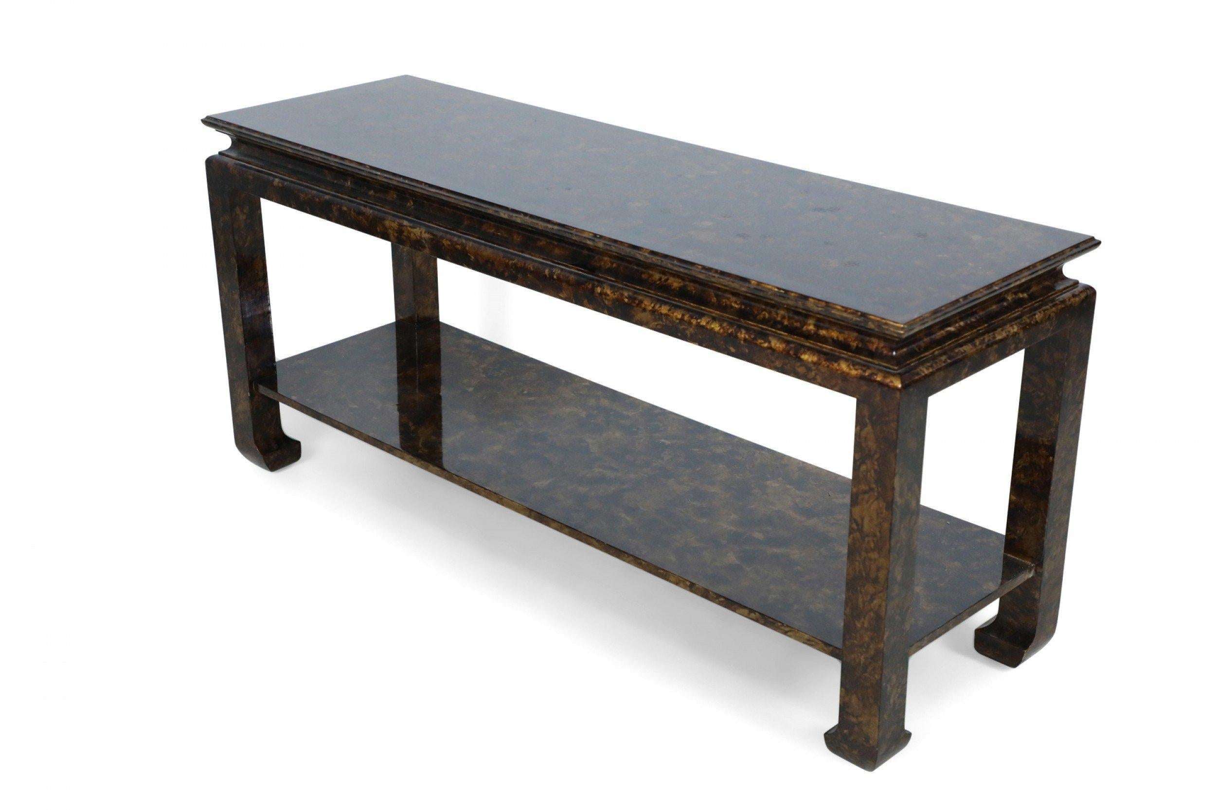 Wood MidCentury Chinoiserie Faux Tortoise Shell Finished Console Table with Shelf For Sale