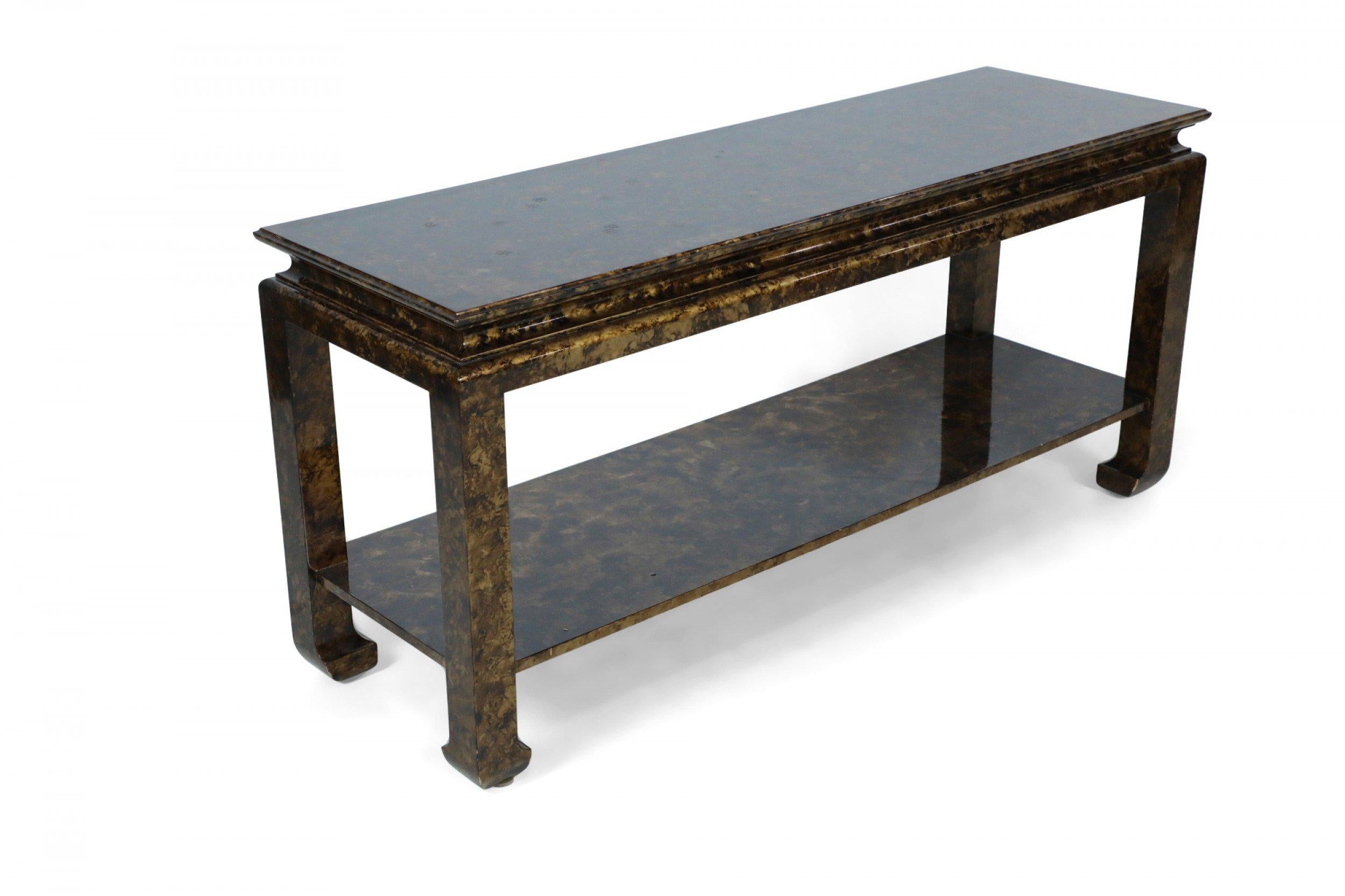 MidCentury Chinoiserie Faux Tortoise Shell Finished Console Table with Shelf For Sale 2