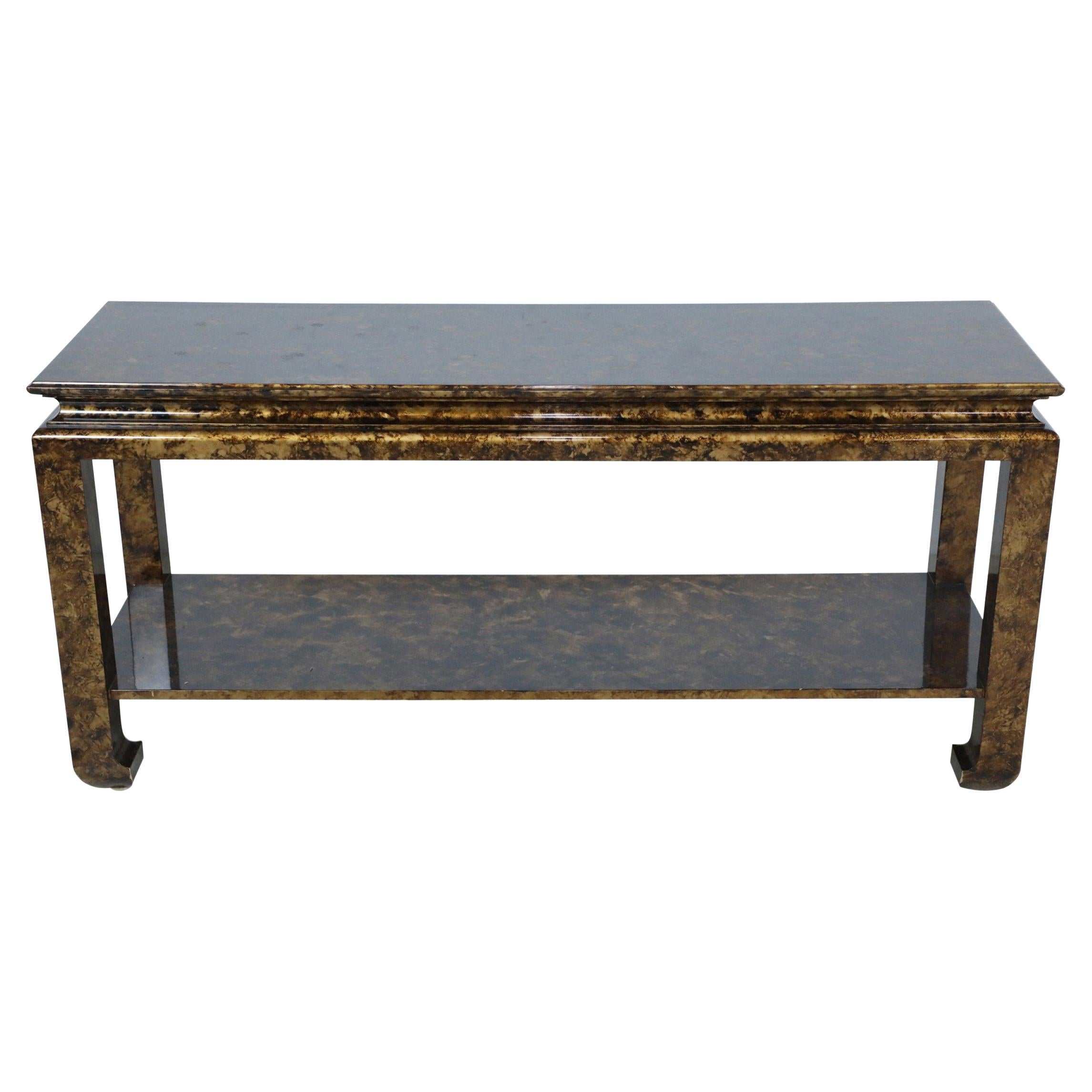 MidCentury Chinoiserie Faux Tortoise Shell Finished Console Table with Shelf