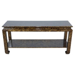 MidCentury Chinoiserie Faux Tortoise Shell Finished Console Table with Shelf