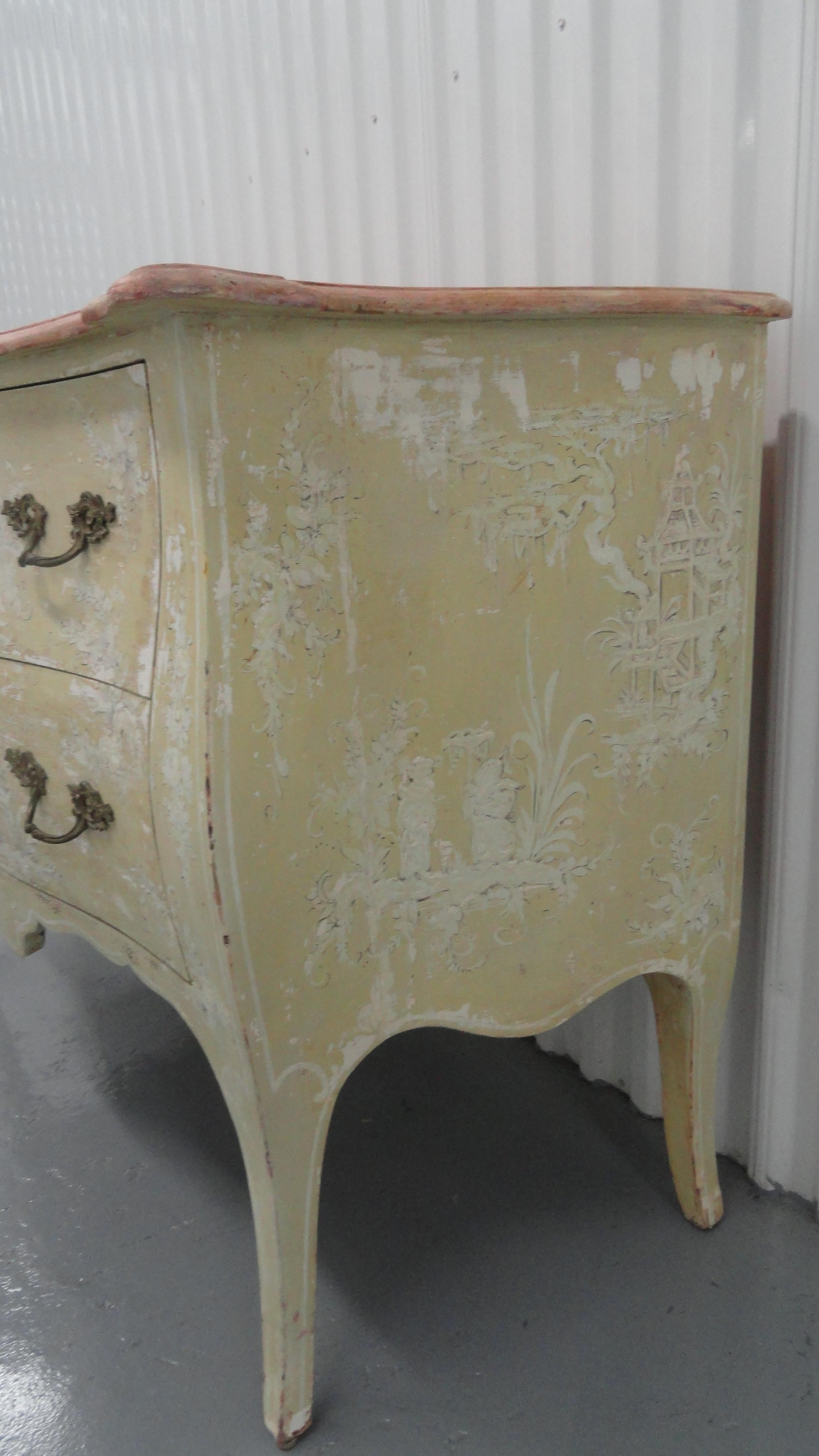 European Midcentury Chinoiserie Painted Bombe Chest For Sale