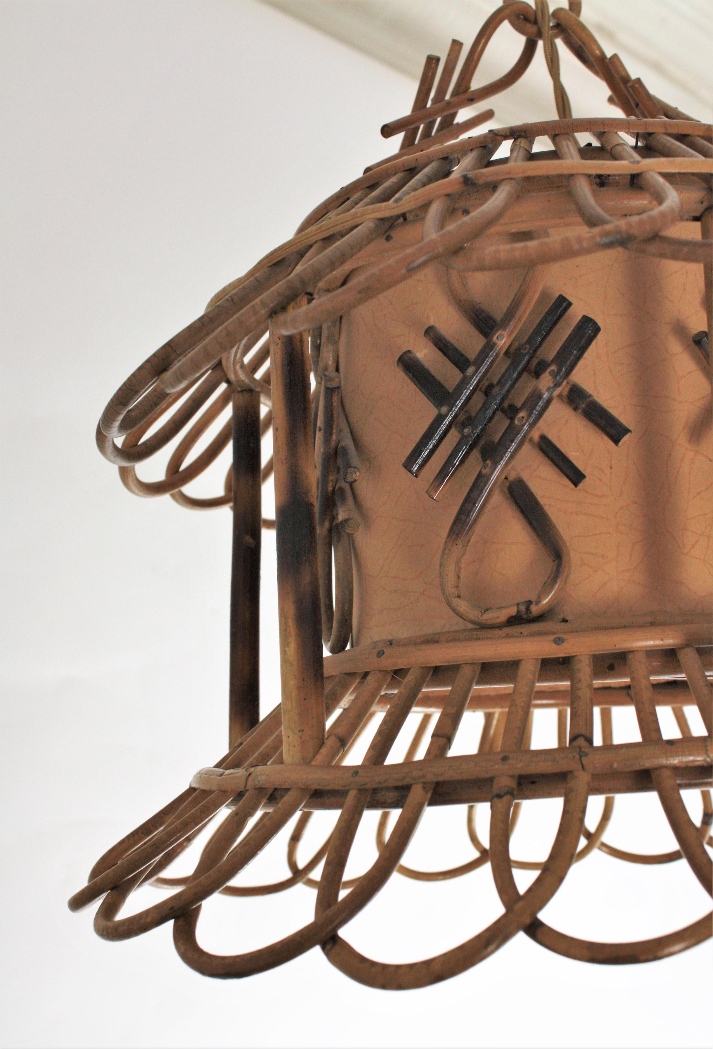 French Modernist Rattan Pagoda Pendant / Hanging Light with Chinoiserie Accents 2