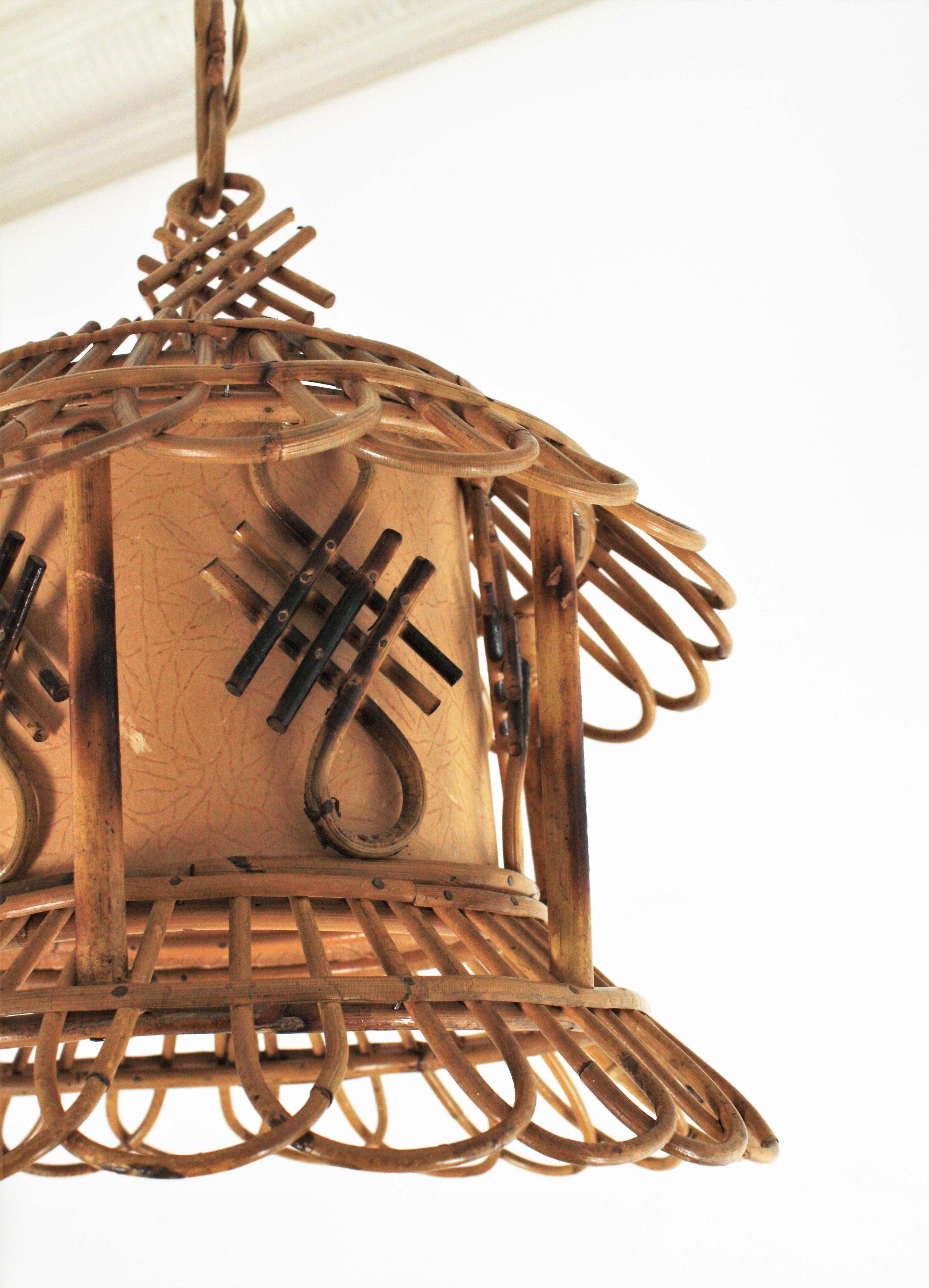 French Modernist Rattan Pagoda Pendant / Hanging Light with Chinoiserie Accents 4