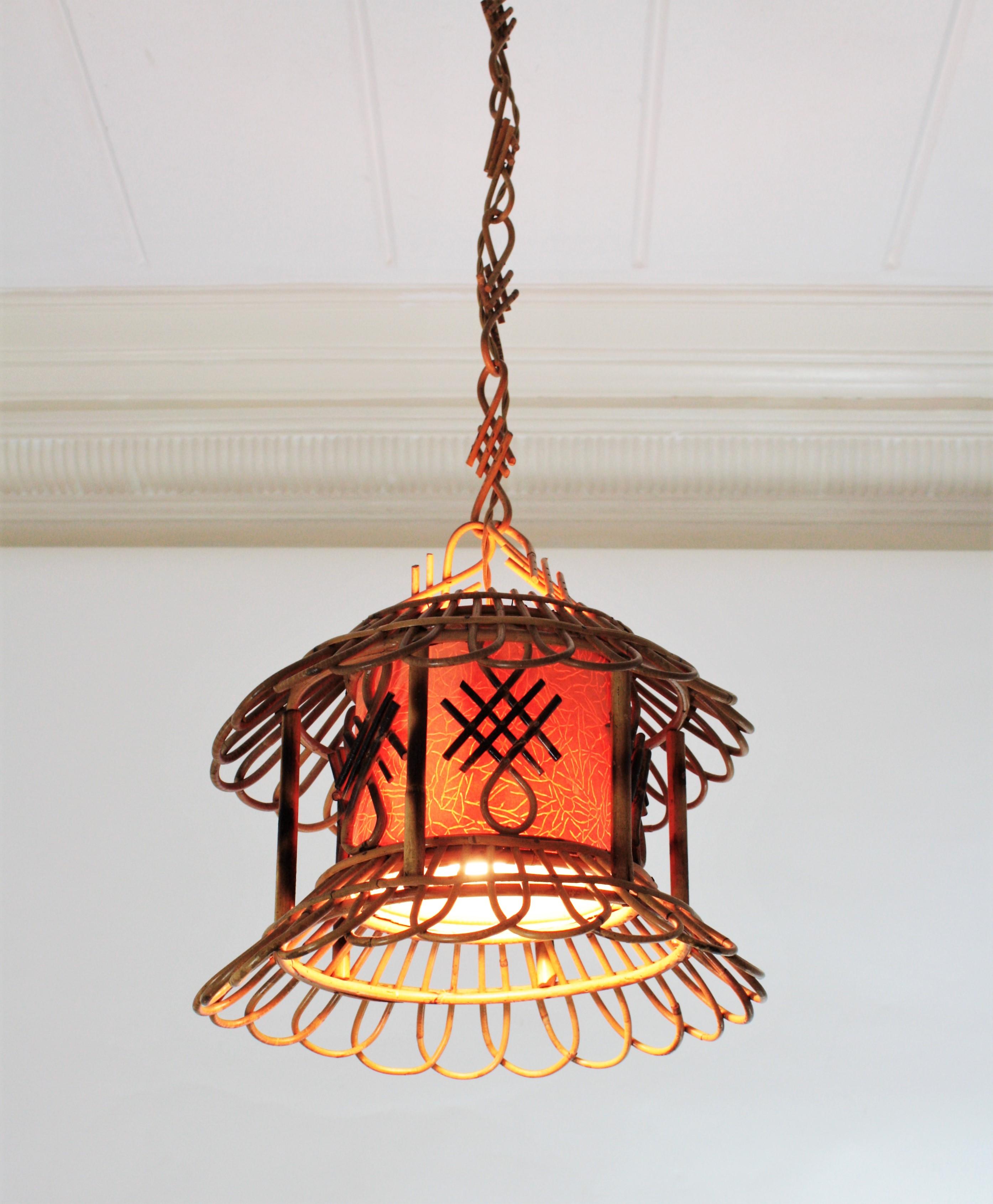 French Modernist Rattan Pagoda Pendant / Hanging Light with Chinoiserie Accents 5