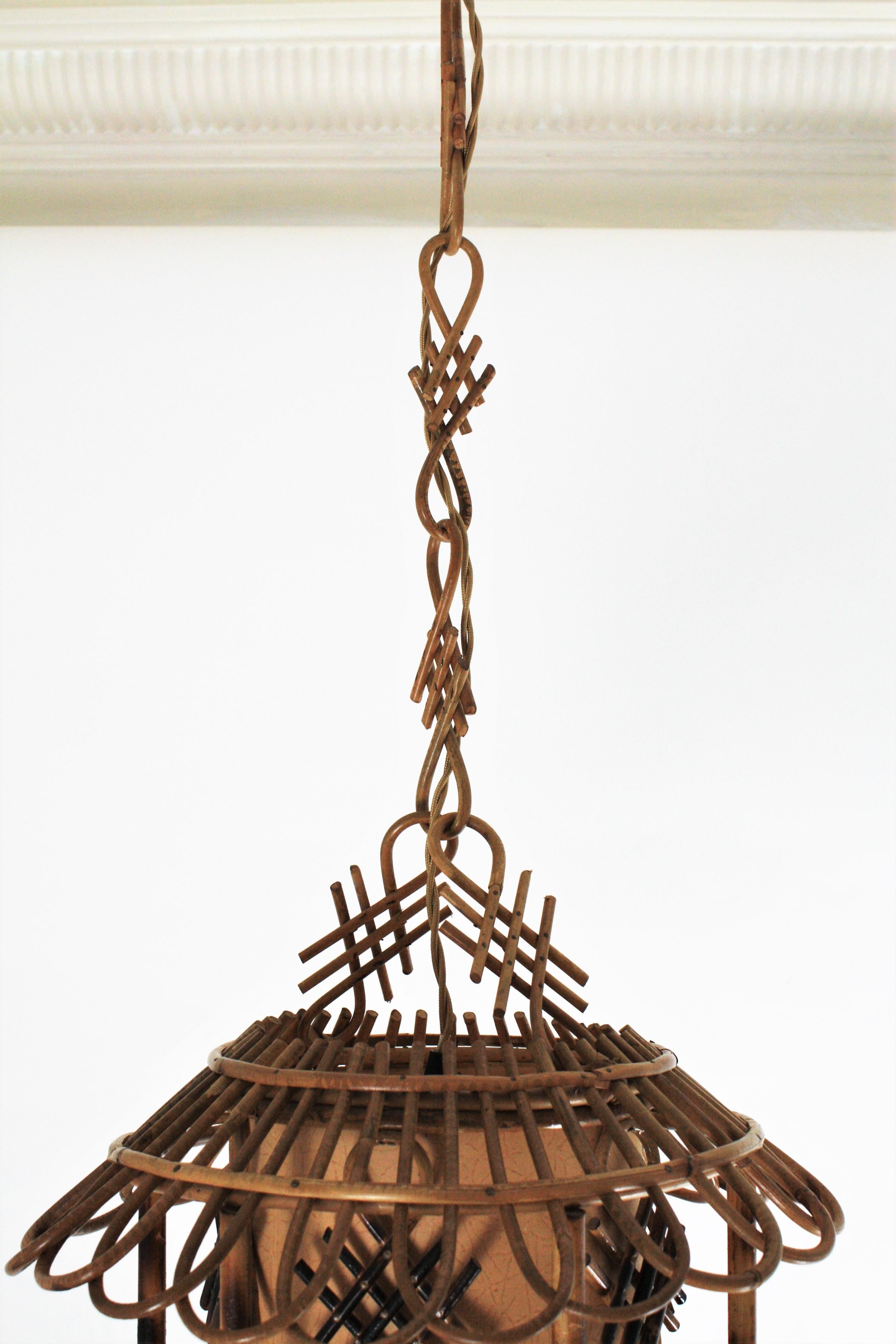 French Modernist Rattan Pagoda Pendant / Hanging Light with Chinoiserie Accents 6
