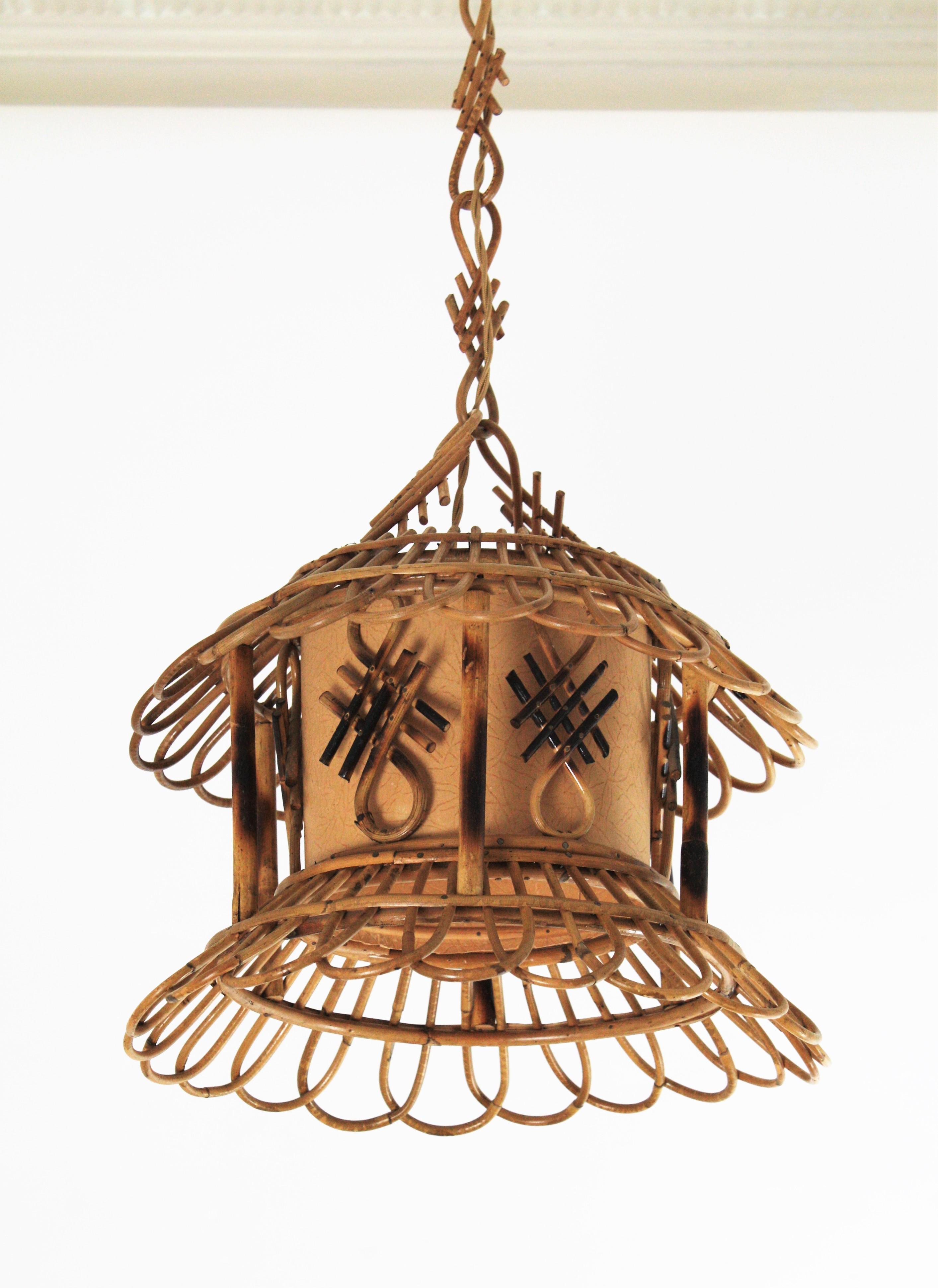Hand-Crafted French Modernist Rattan Pagoda Pendant / Hanging Light with Chinoiserie Accents