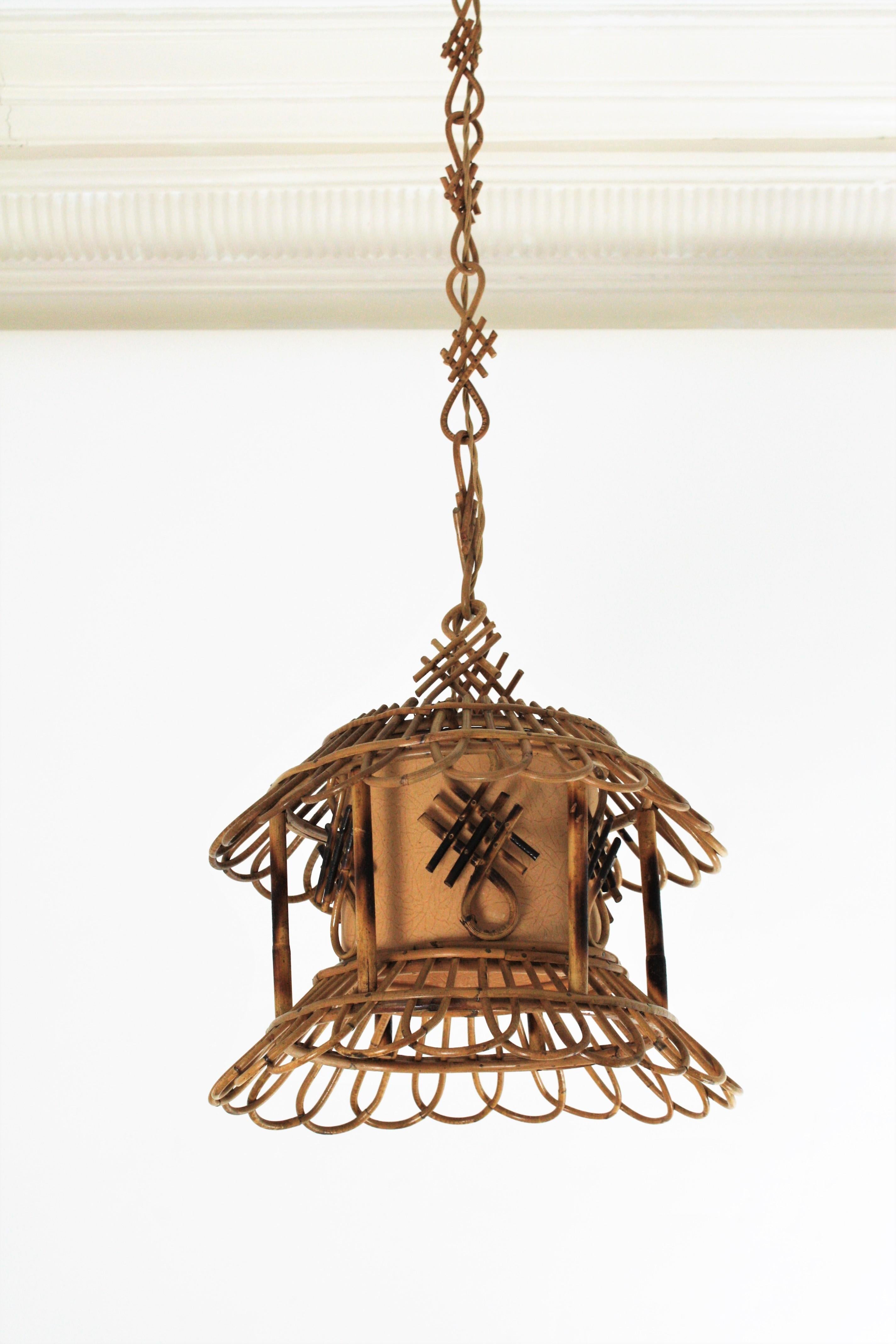 20th Century French Modernist Rattan Pagoda Pendant / Hanging Light with Chinoiserie Accents