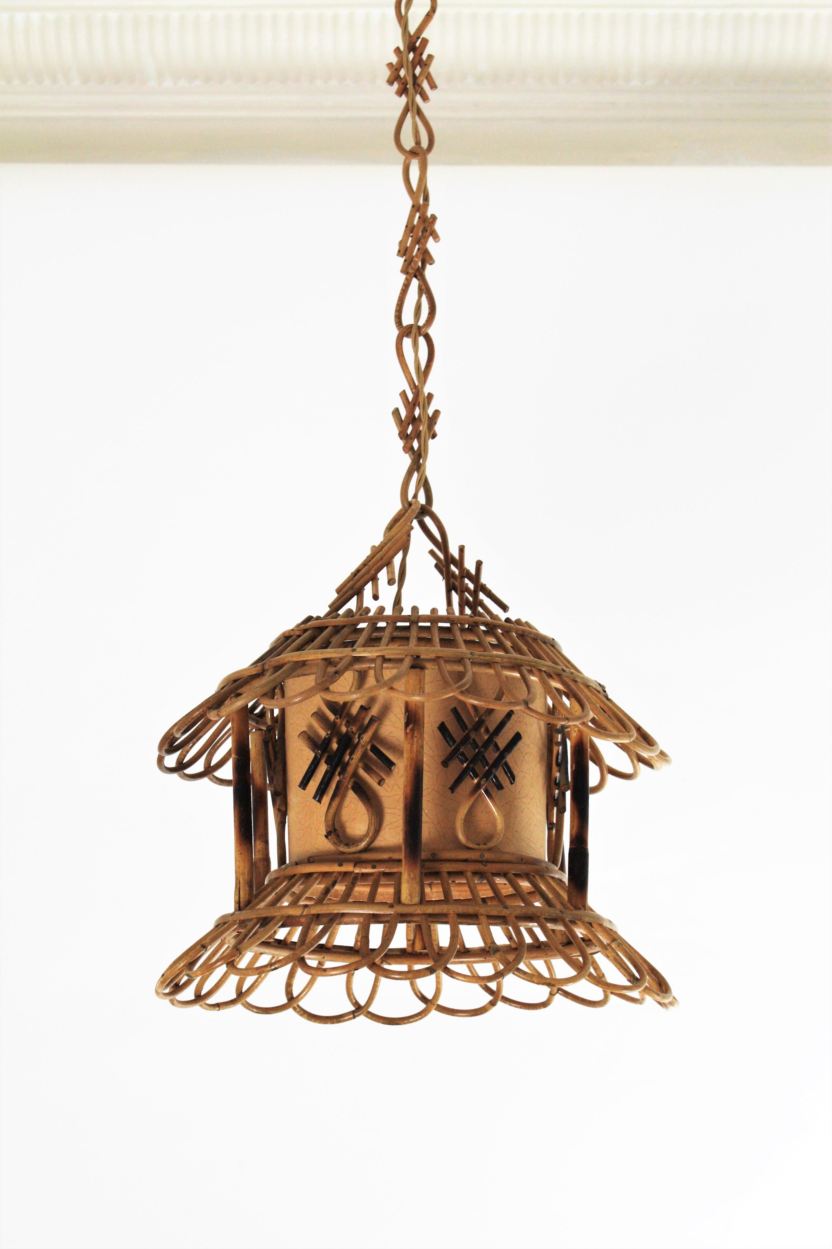 Wicker French Modernist Rattan Pagoda Pendant / Hanging Light with Chinoiserie Accents