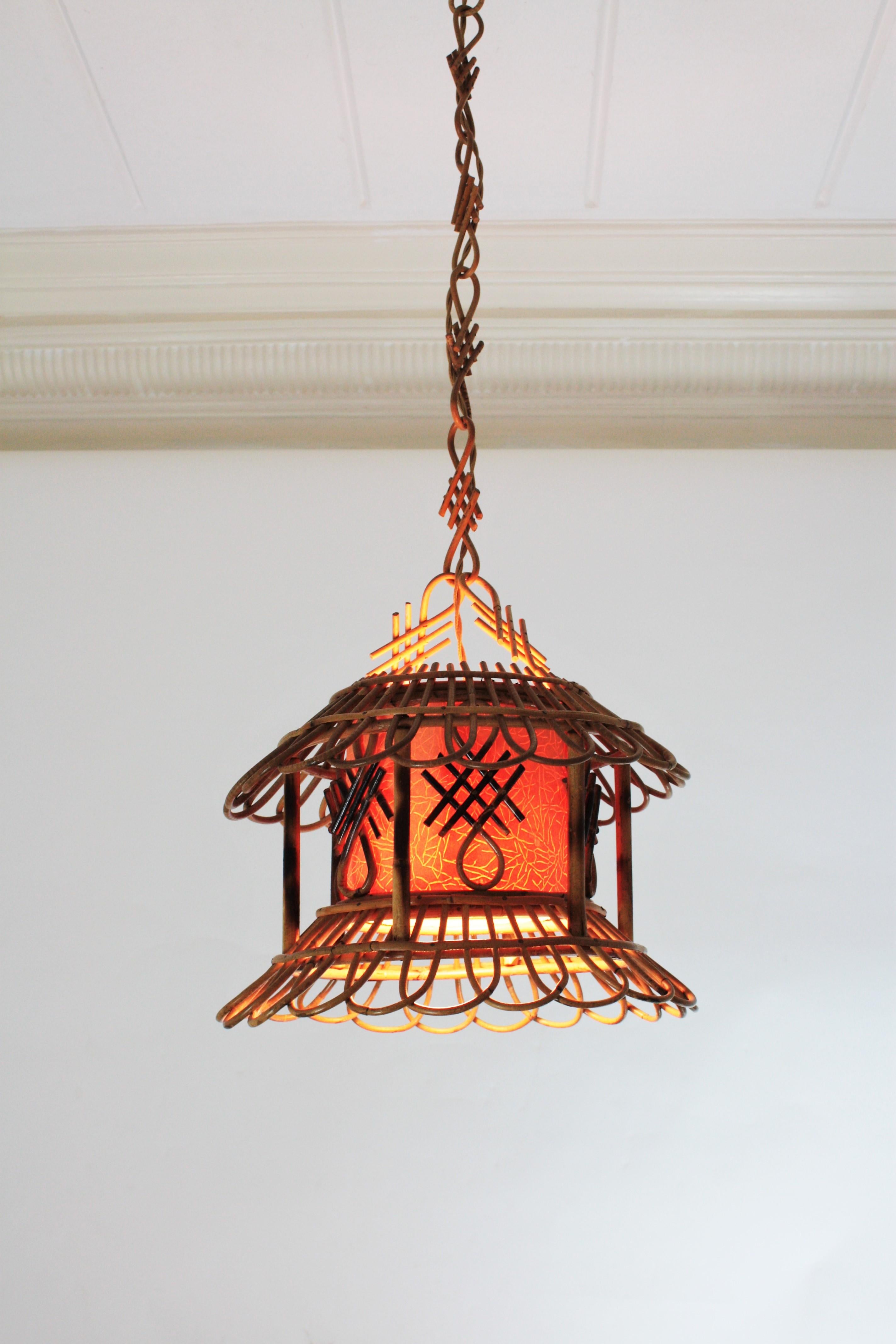 French Modernist Rattan Pagoda Pendant / Hanging Light with Chinoiserie Accents 1