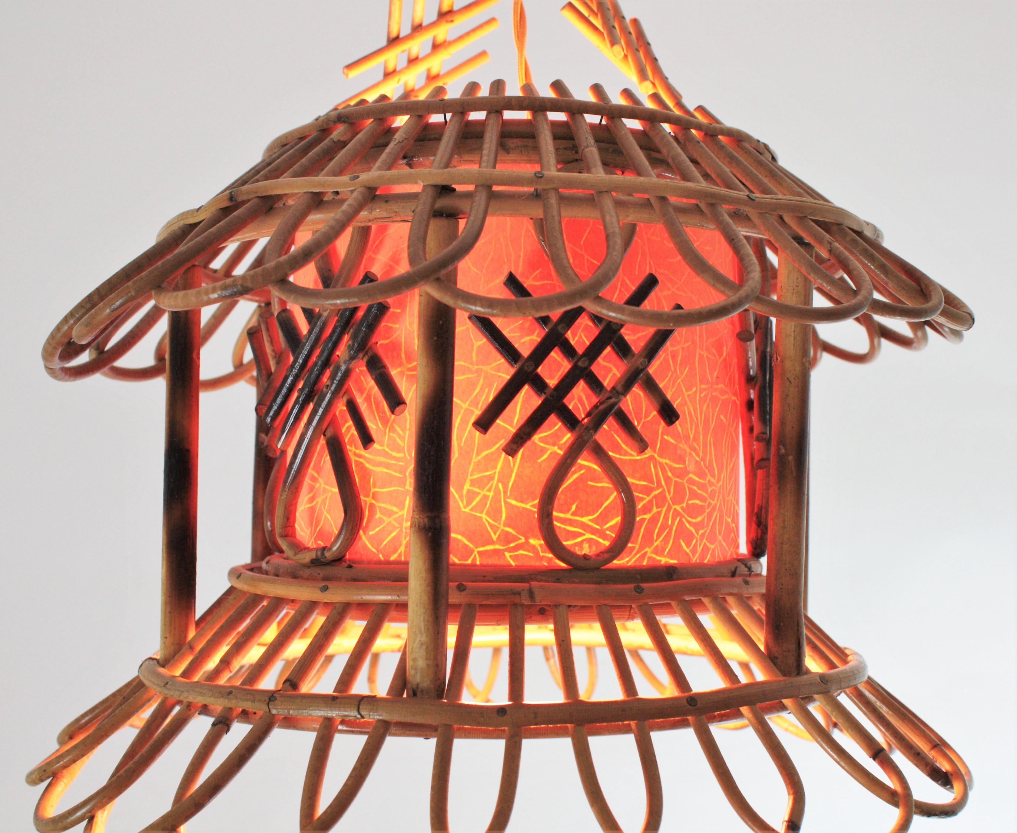 French Modernist Rattan Pagoda Pendant / Hanging Light with Chinoiserie Accents 2