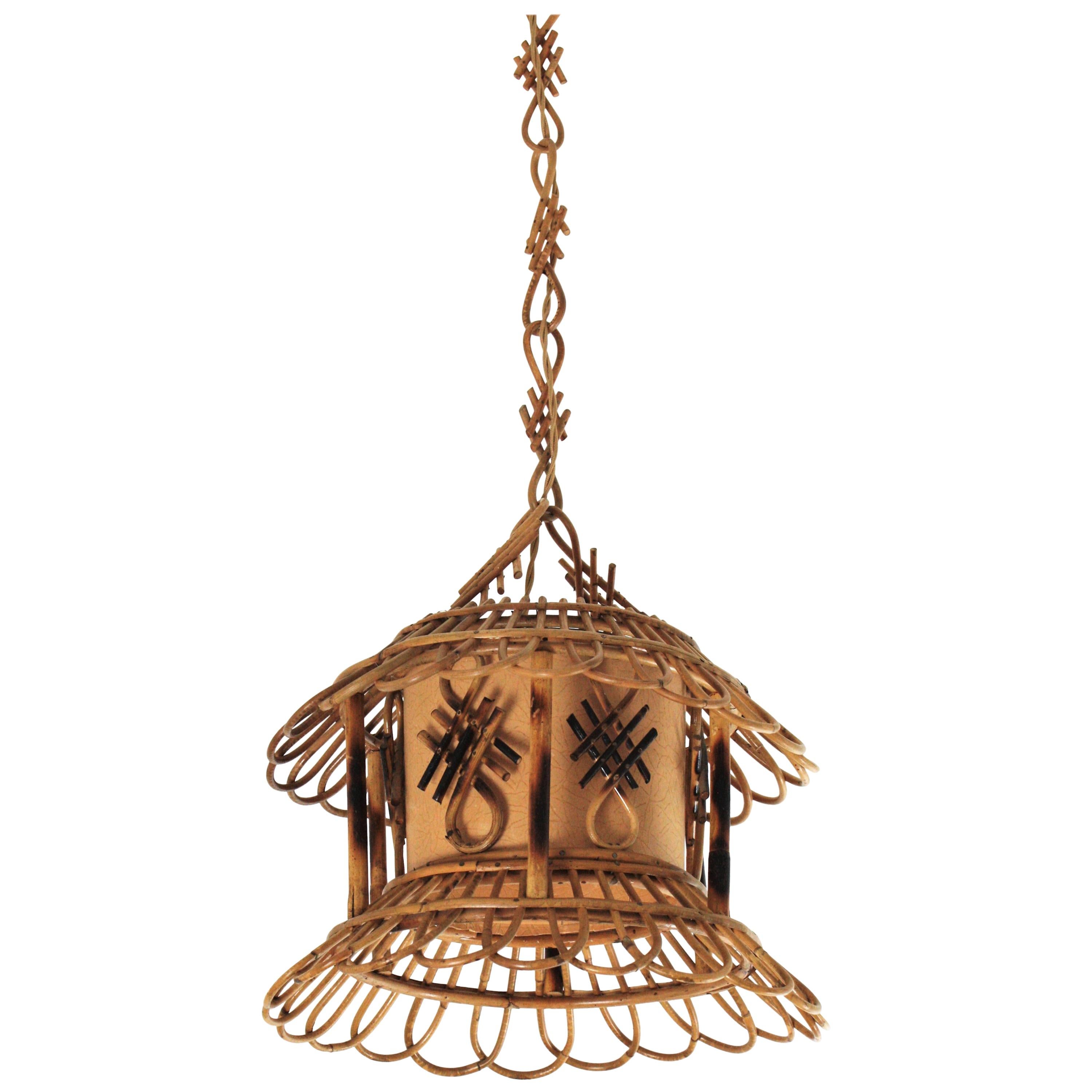 French Modernist Rattan Pagoda Pendant / Hanging Light with Chinoiserie Accents