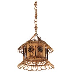 French Modernist Rattan Pagoda Pendant / Hanging Light with Chinoiserie Accents