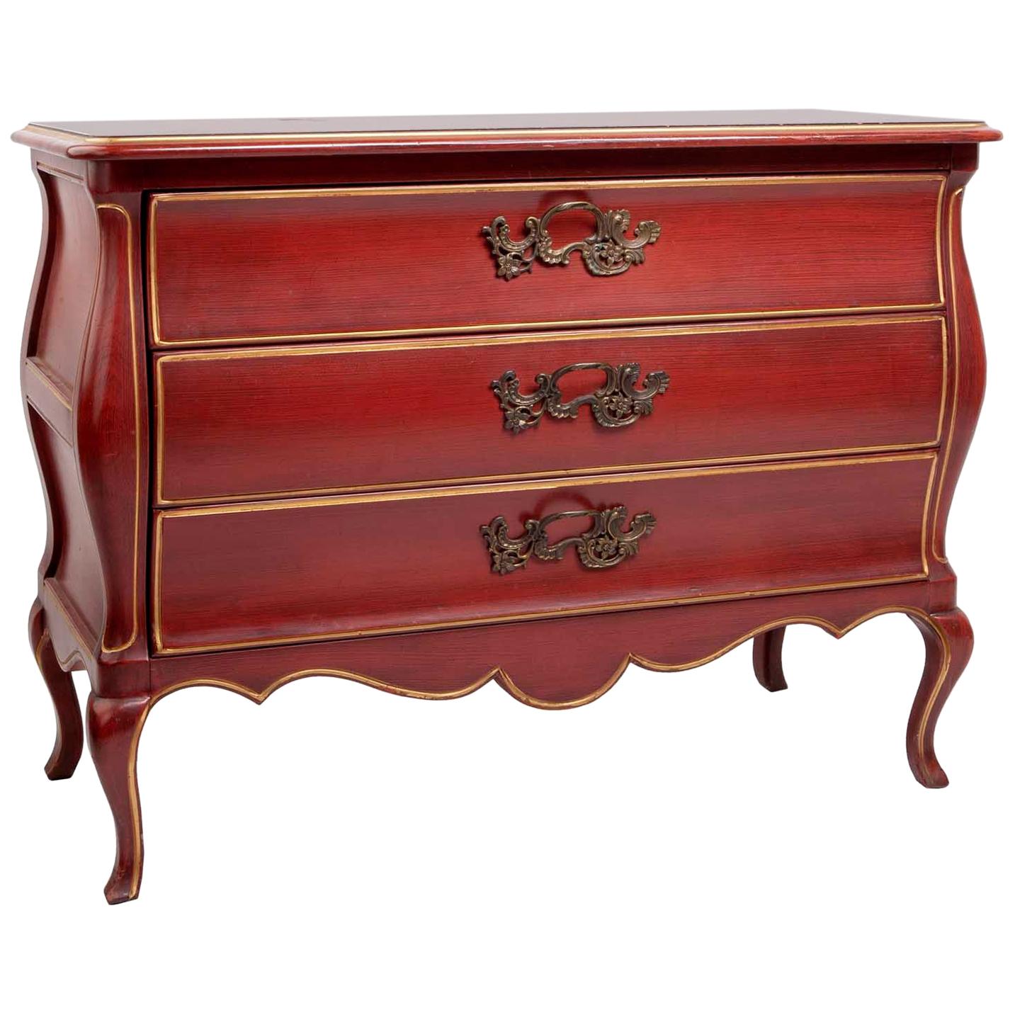 Midcentury, Chinoiserie Style, Red Lingerie Chest of Drawers with Gold Trim