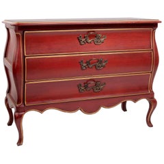Retro Midcentury, Chinoiserie Style, Red Lingerie Chest of Drawers with Gold Trim