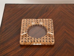 Midcentury Christian Dior Lucite and Vienna Straw Ashtray, Italy 1970s