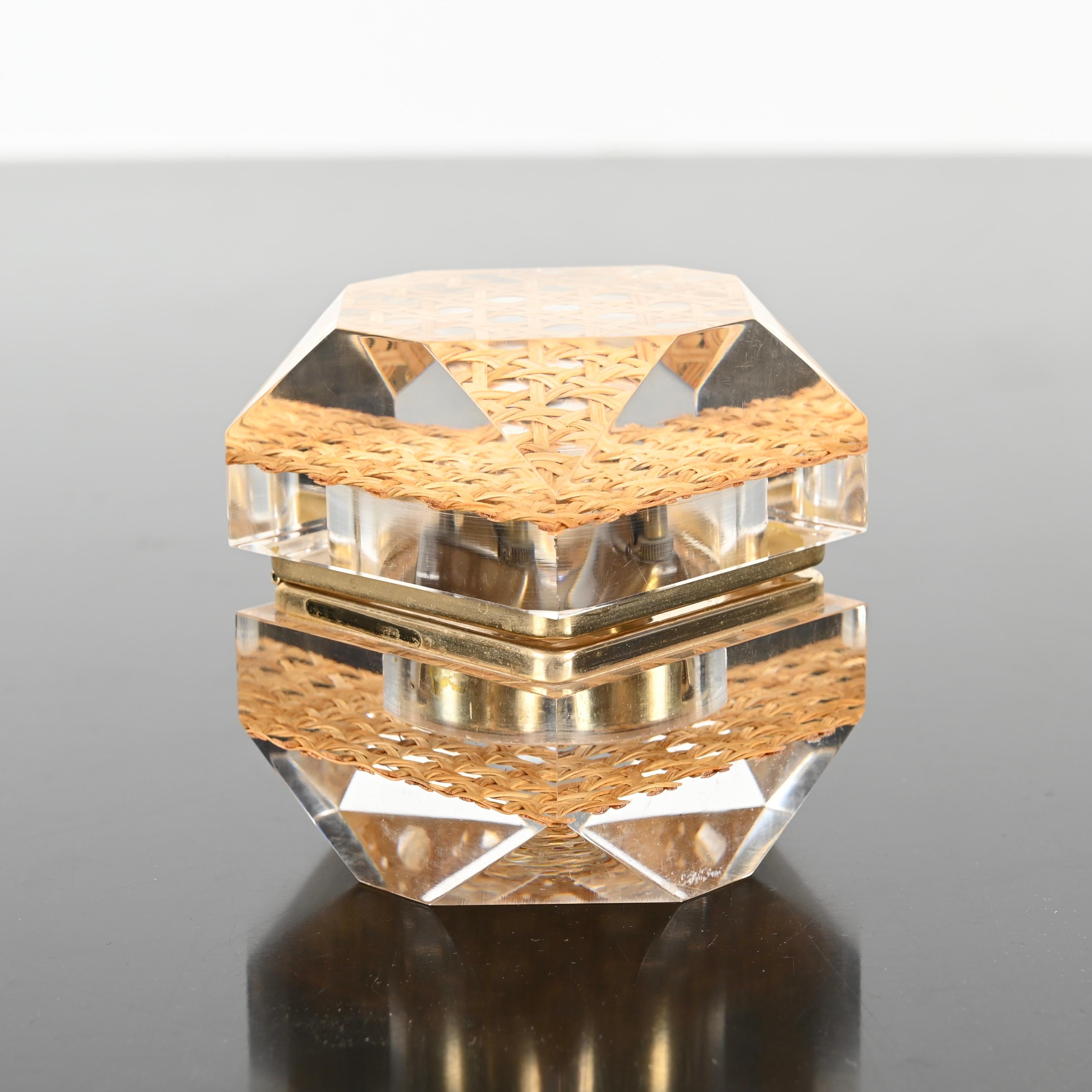 Midcentury Christian Dior Lucite, Brass and Straw Table Lighter, Italy 1970 7
