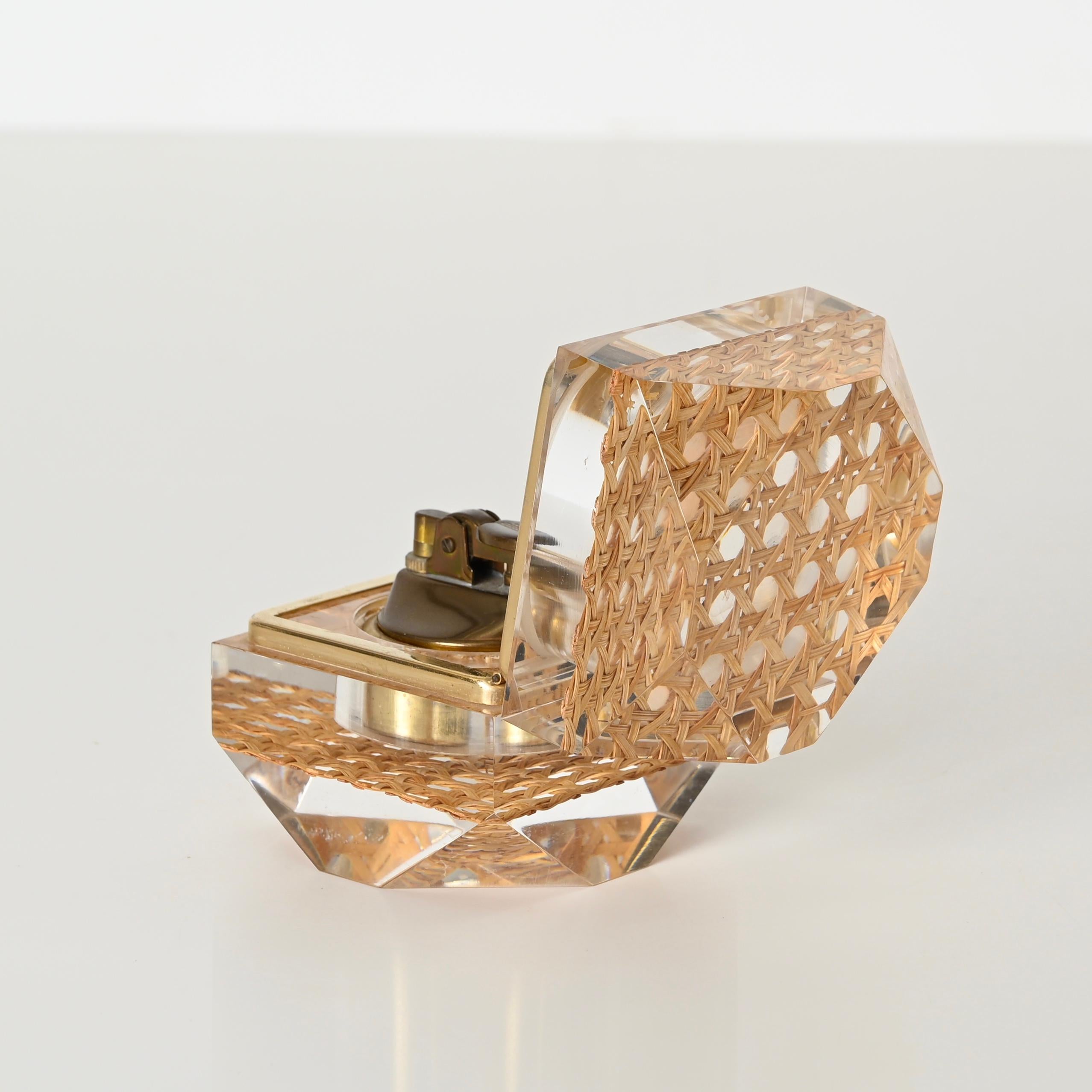 Midcentury Christian Dior Lucite, Brass and Straw Table Lighter, Italy 1970 1