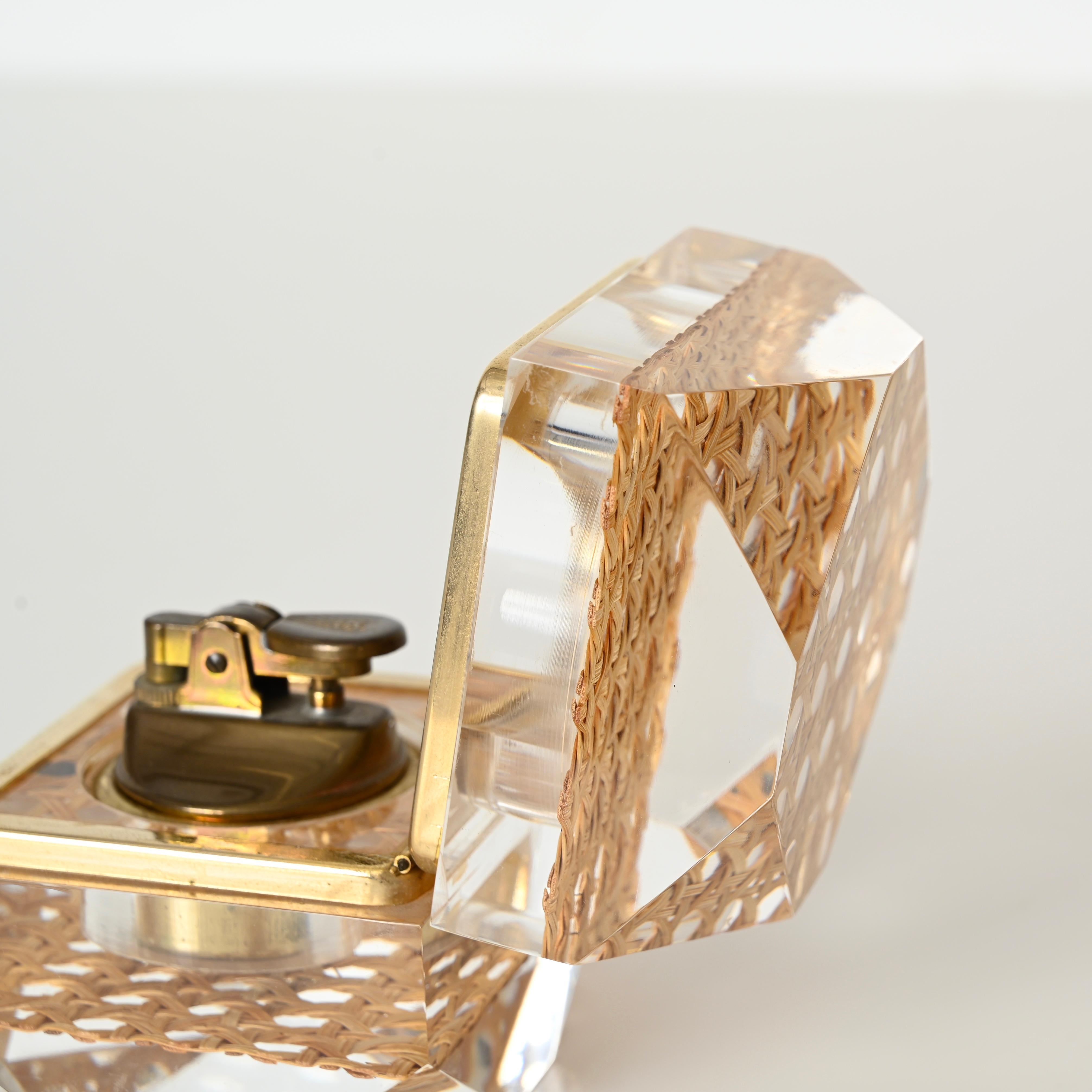 Midcentury Christian Dior Lucite, Brass and Straw Table Lighter, Italy 1970 2