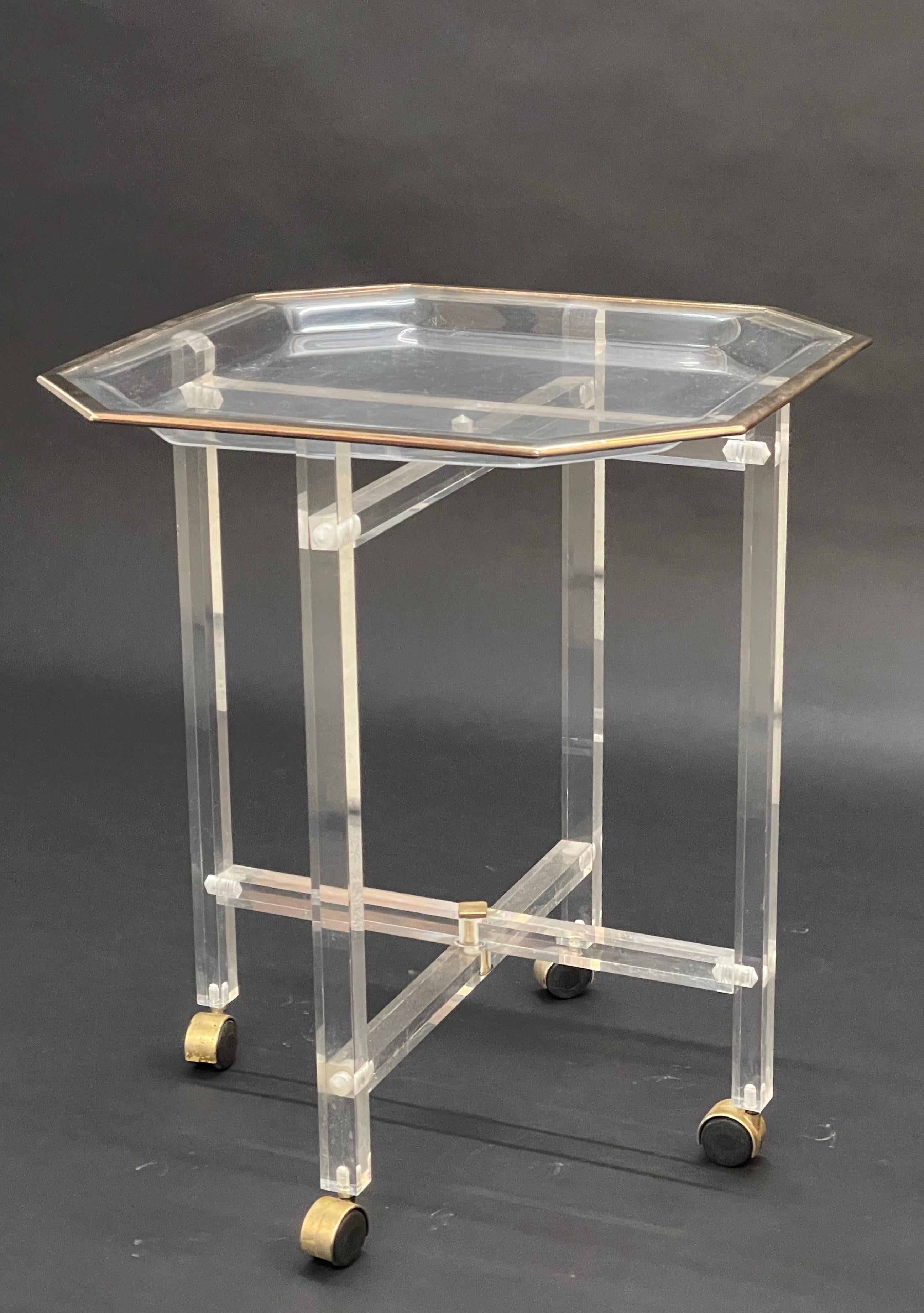 Midcentury Christian Dior Octagonal Lucite and Brass Coffee Table with Tray For Sale 7