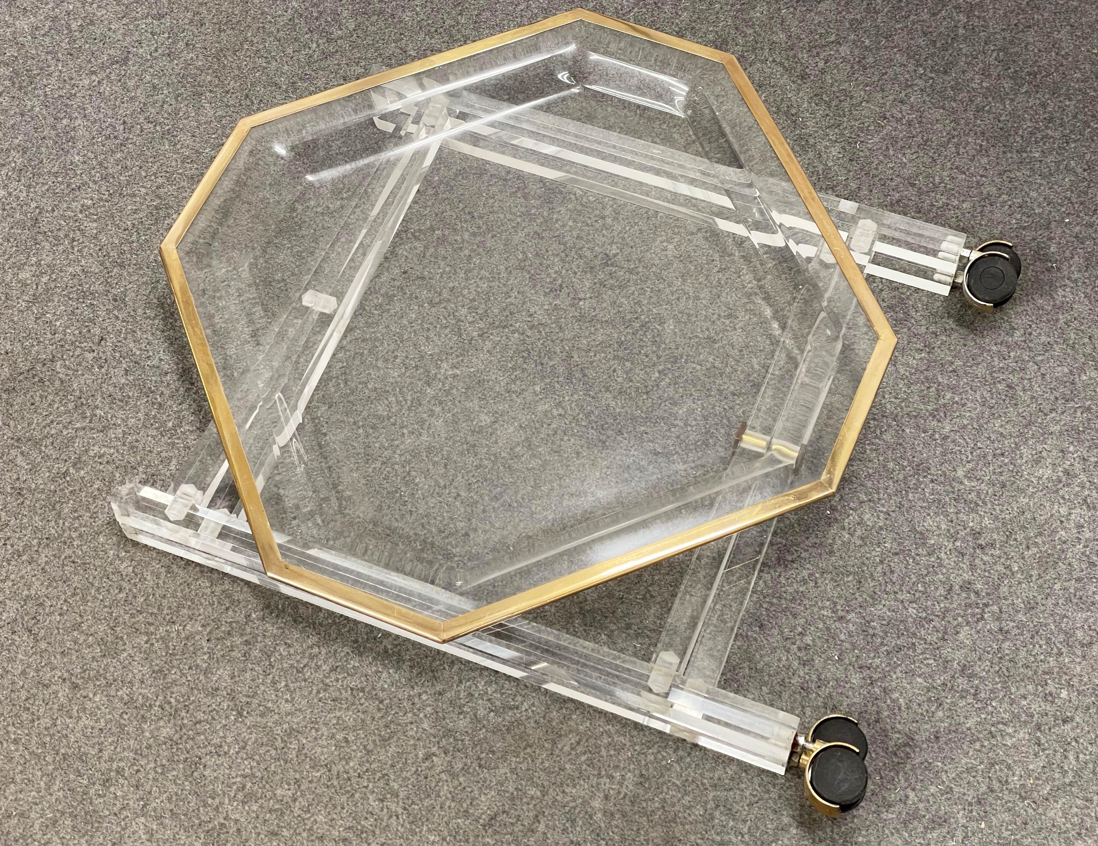 Midcentury Christian Dior Octagonal Lucite and Brass Coffee Table with Tray For Sale 5