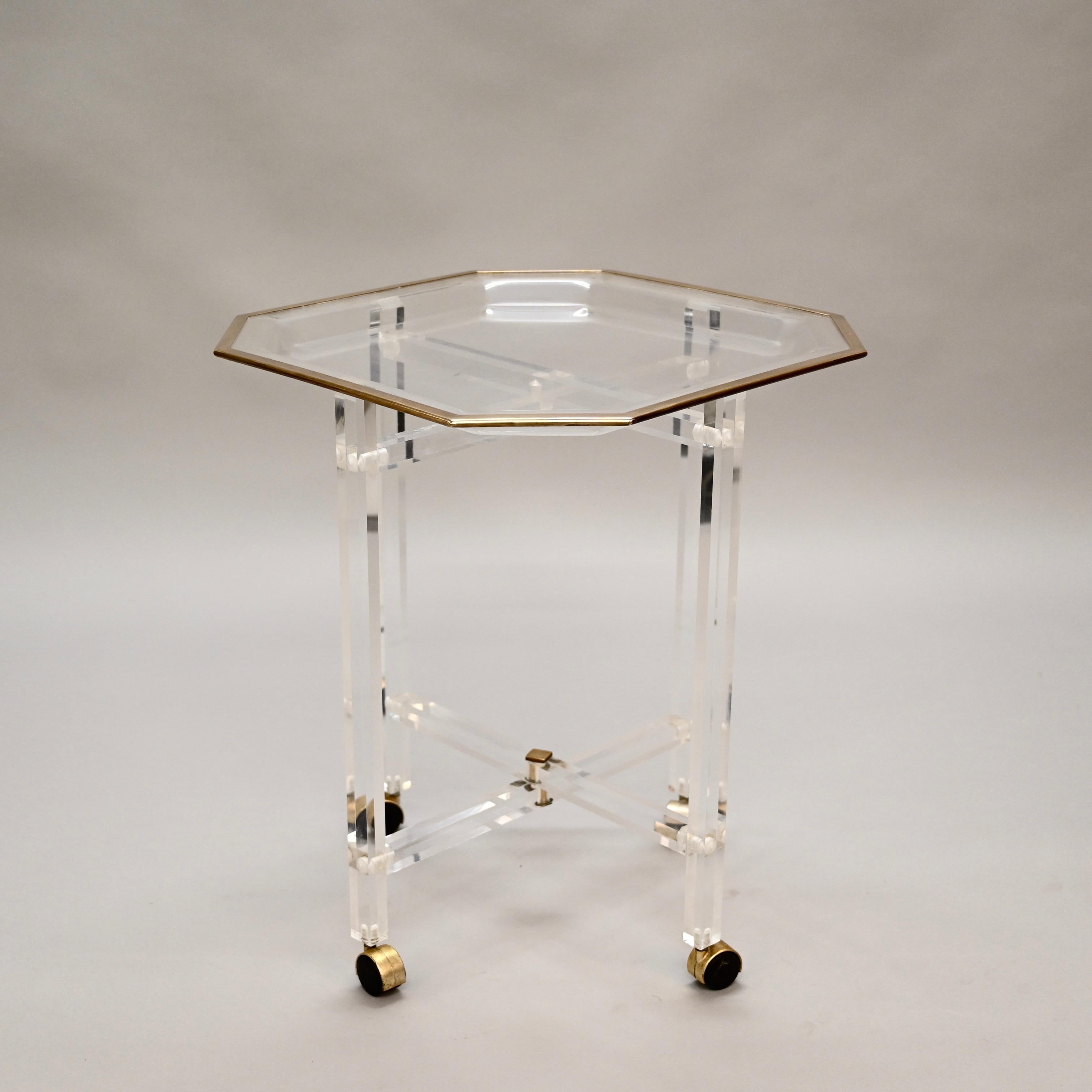 Midcentury Christian Dior Octagonal Lucite and Brass Coffee Table with Tray For Sale 8