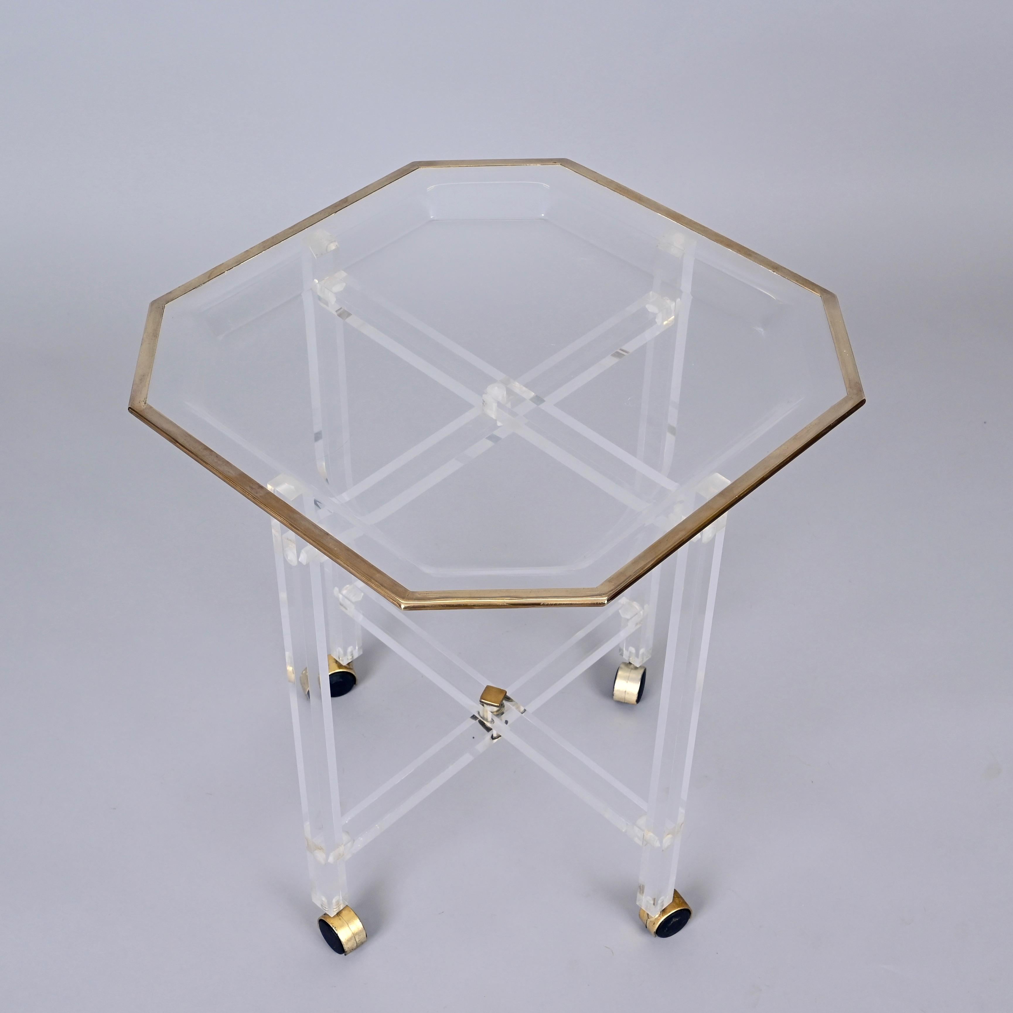 Midcentury Christian Dior Octagonal Lucite and Brass Coffee Table with Tray For Sale 10