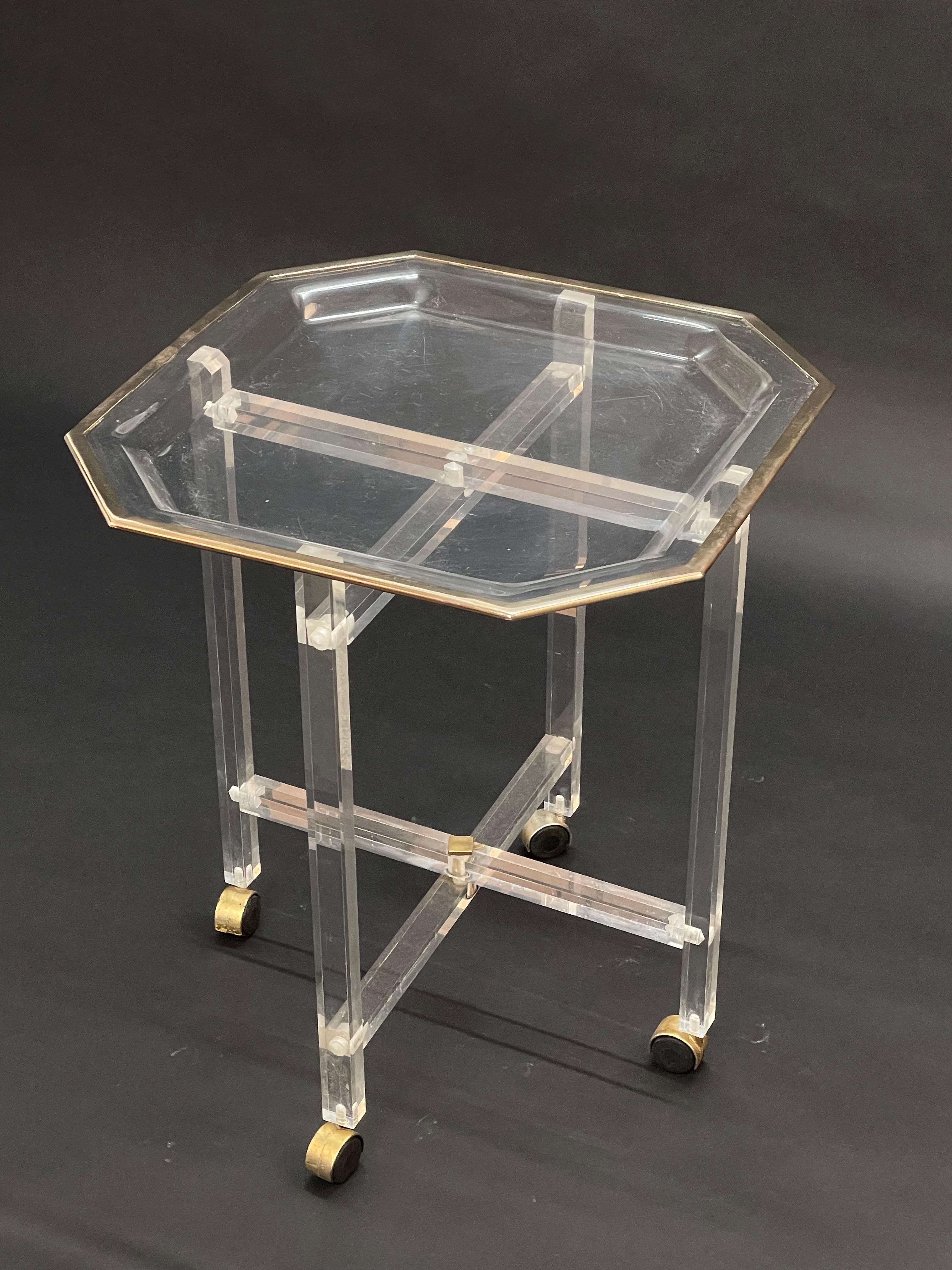 Midcentury Christian Dior Octagonal Lucite and Brass Coffee Table with Tray For Sale 11