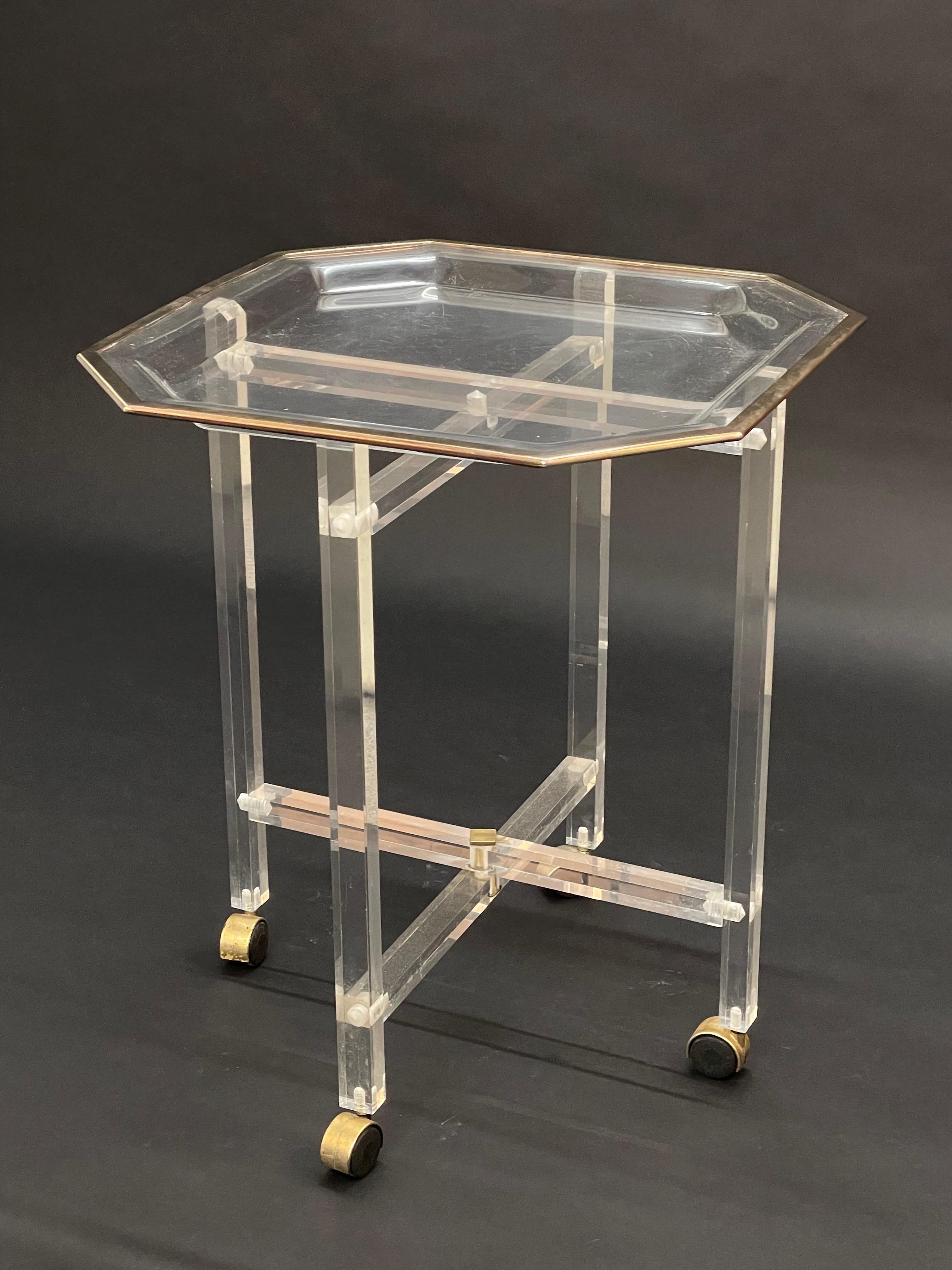 Midcentury Christian Dior Octagonal Lucite and Brass Coffee Table with Tray For Sale 12