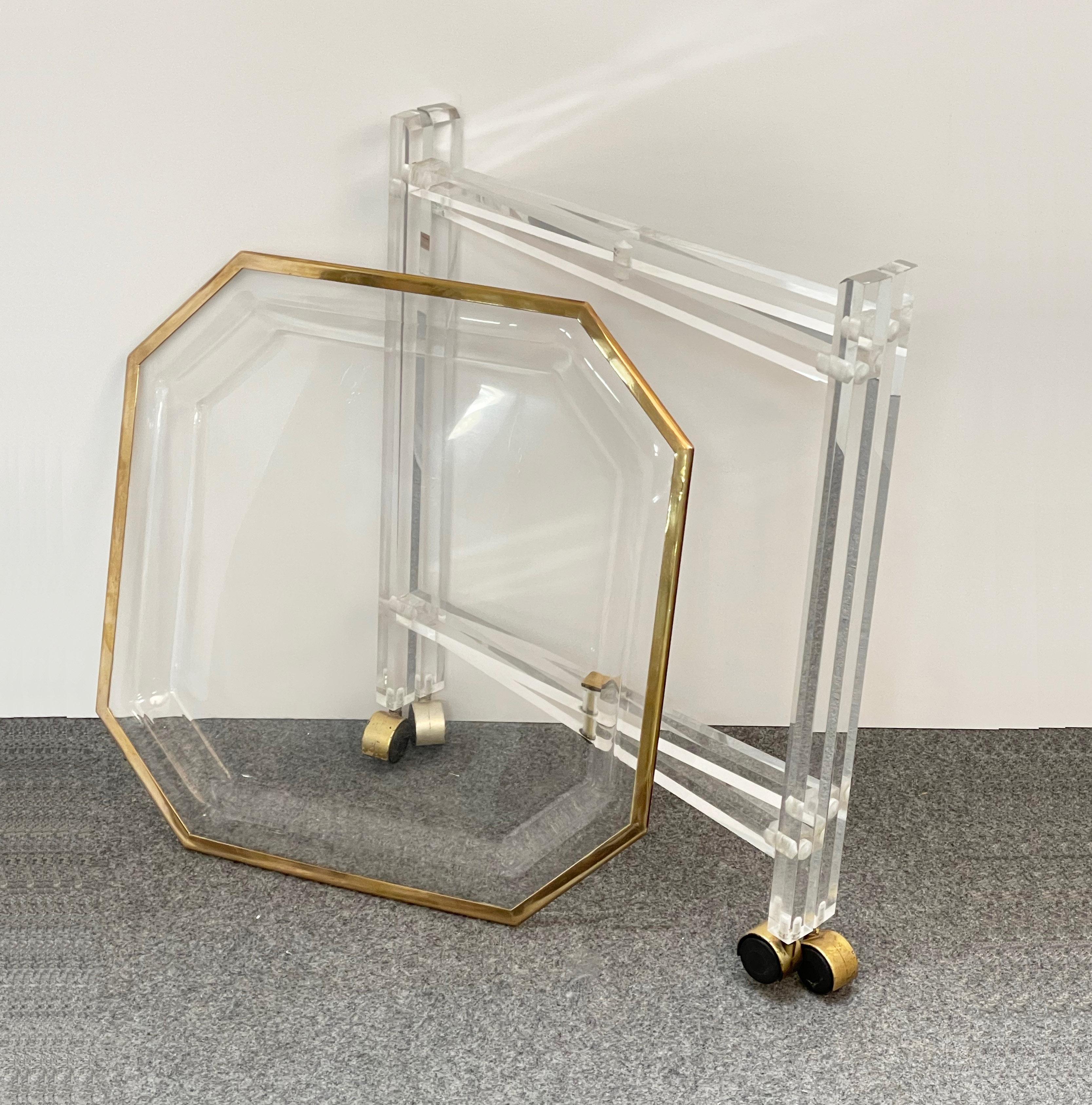 Midcentury Christian Dior Octagonal Lucite and Brass Coffee Table with Tray For Sale 9