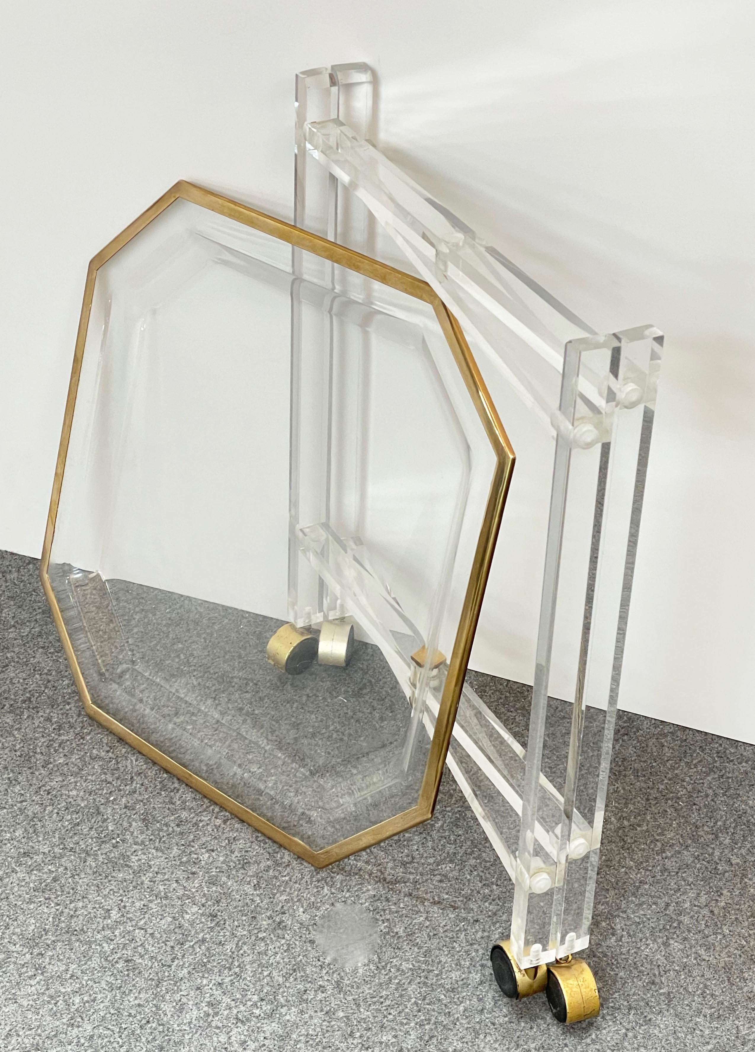 French Midcentury Christian Dior Octagonal Lucite and Brass Coffee Table with Tray For Sale