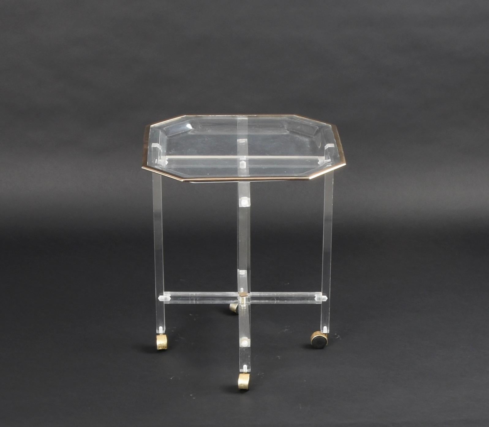 Late 20th Century Midcentury Christian Dior Octagonal Lucite and Brass Coffee Table with Tray For Sale