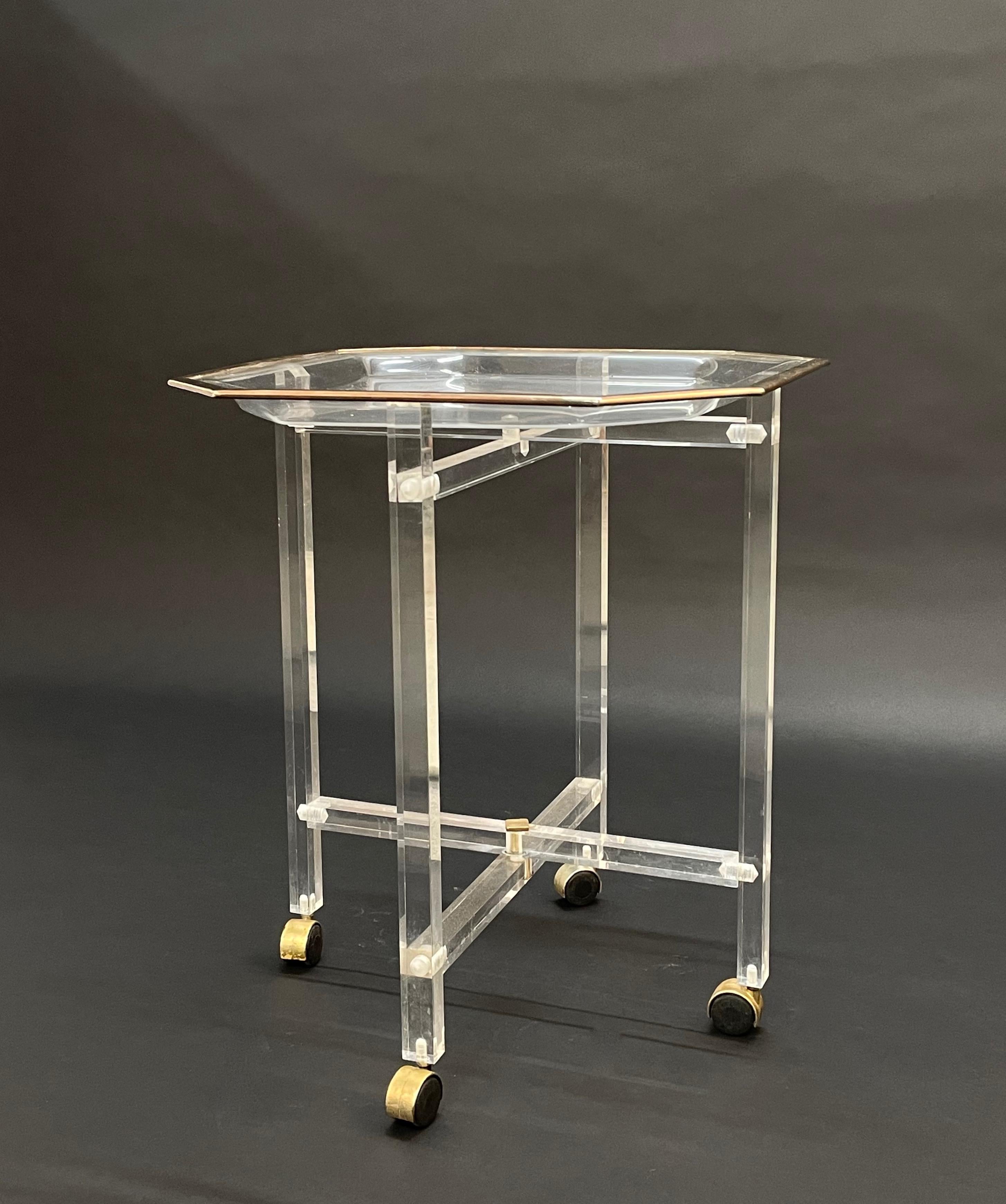 Midcentury Christian Dior Octagonal Lucite and Brass Coffee Table with Tray For Sale 1