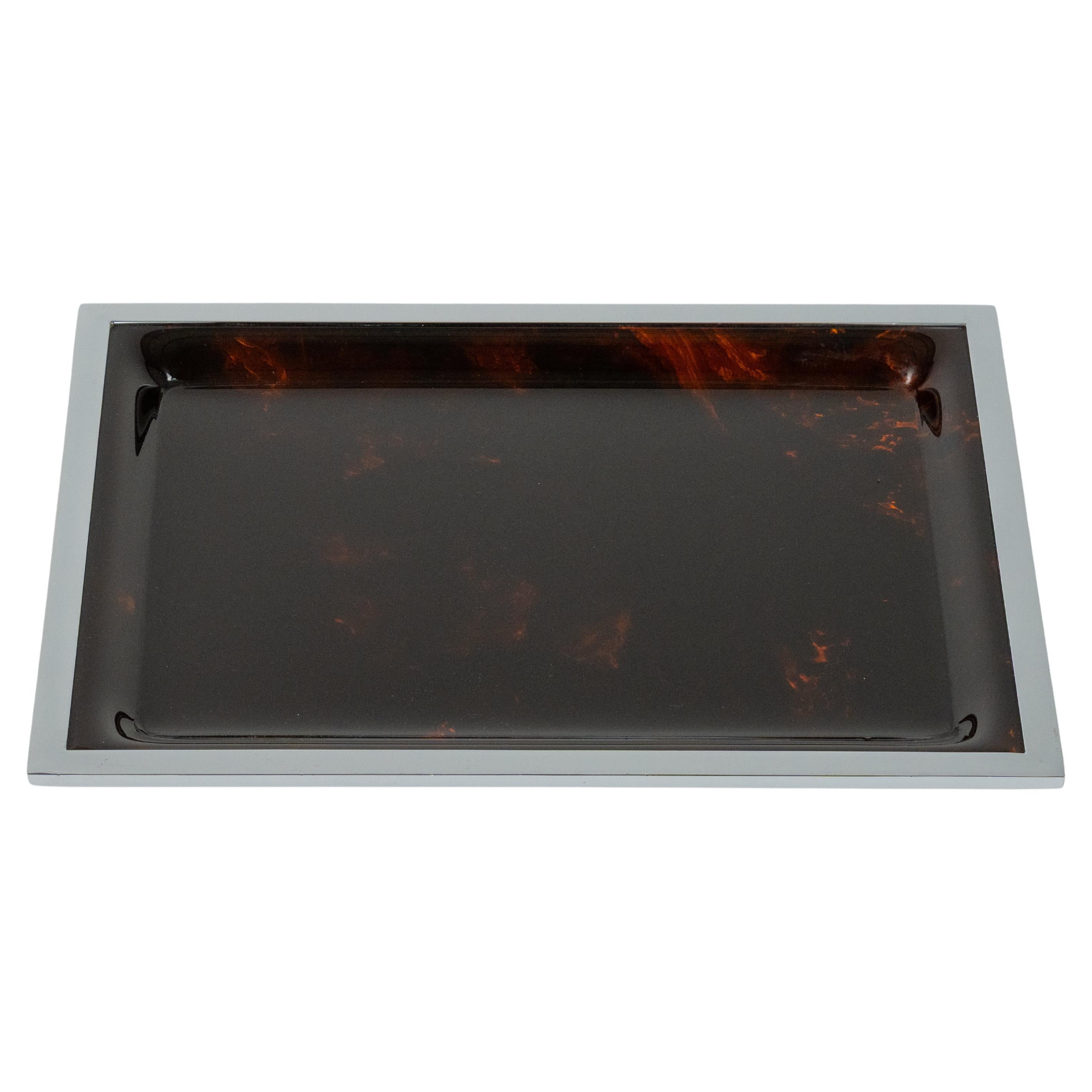 Midcentury Christian Dior Serving Tray Faux Tortoiseshell & Chrome, Italy 1970s