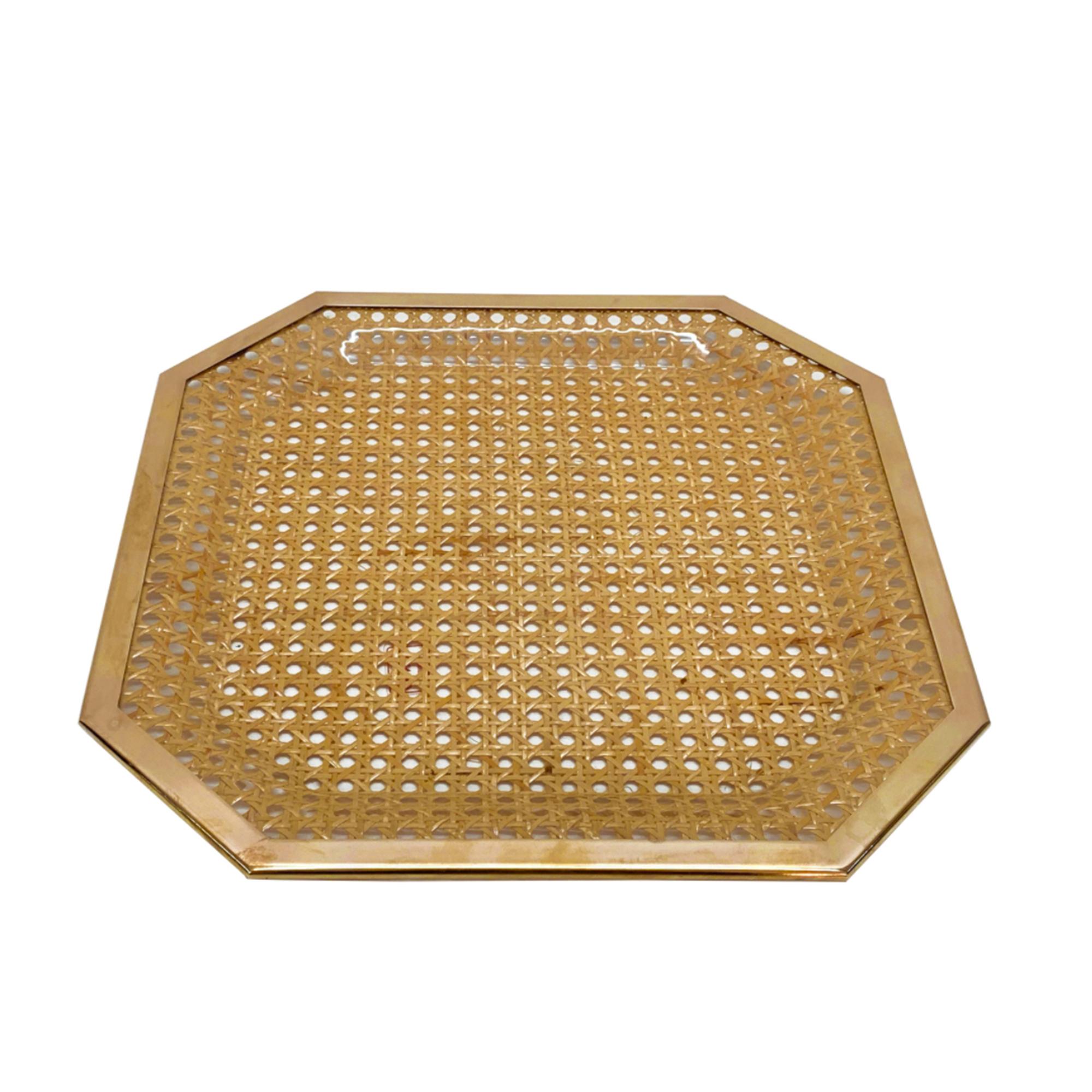 Mid-Century Modern Midcentury Christian Dior Style Lucite Brass and Vienna Straw Serving Tray 1970s