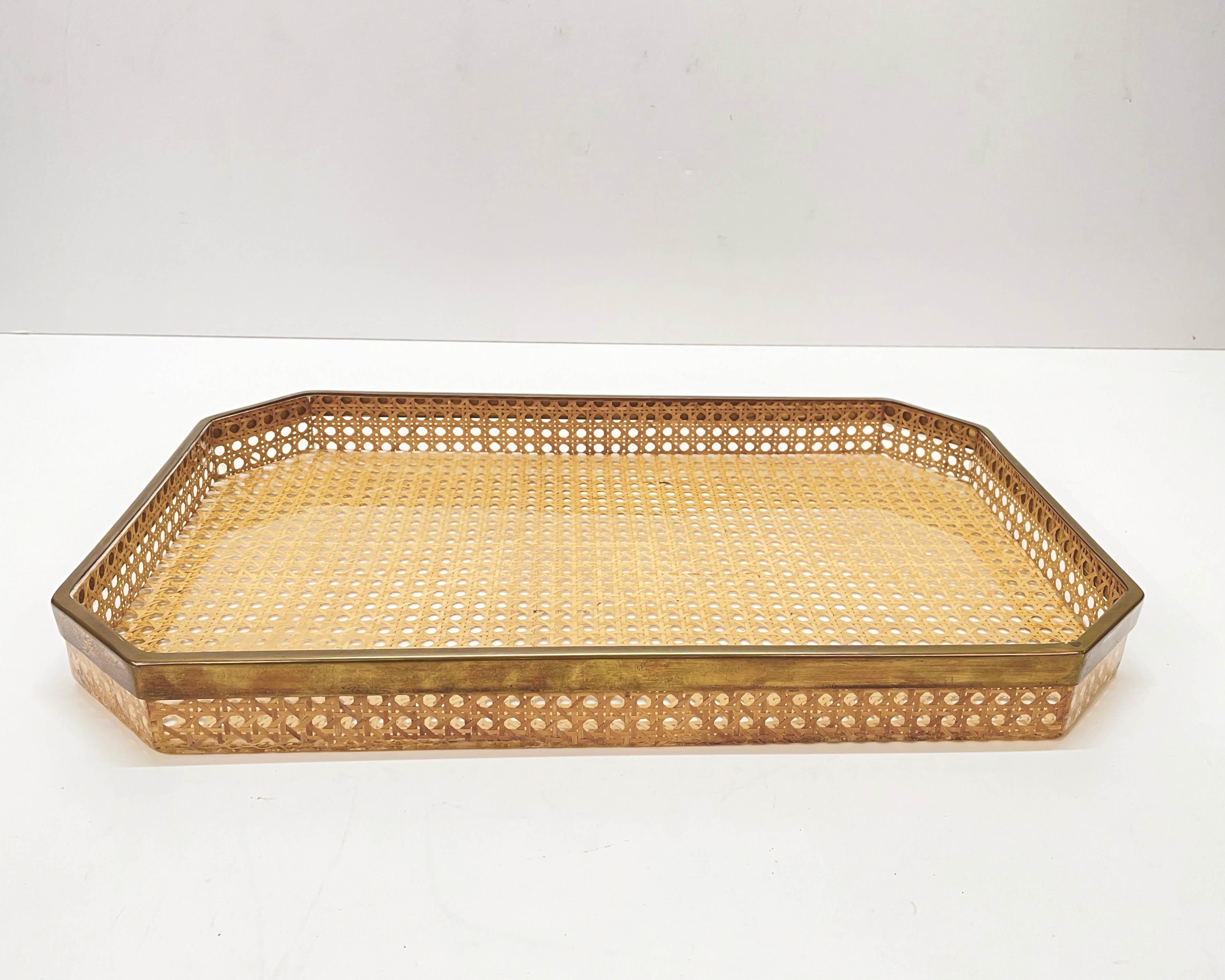 Mid-Century Modern Midcentury Christian Dior Style Lucite Brass and Vienna Straw Serving Tray 1970s