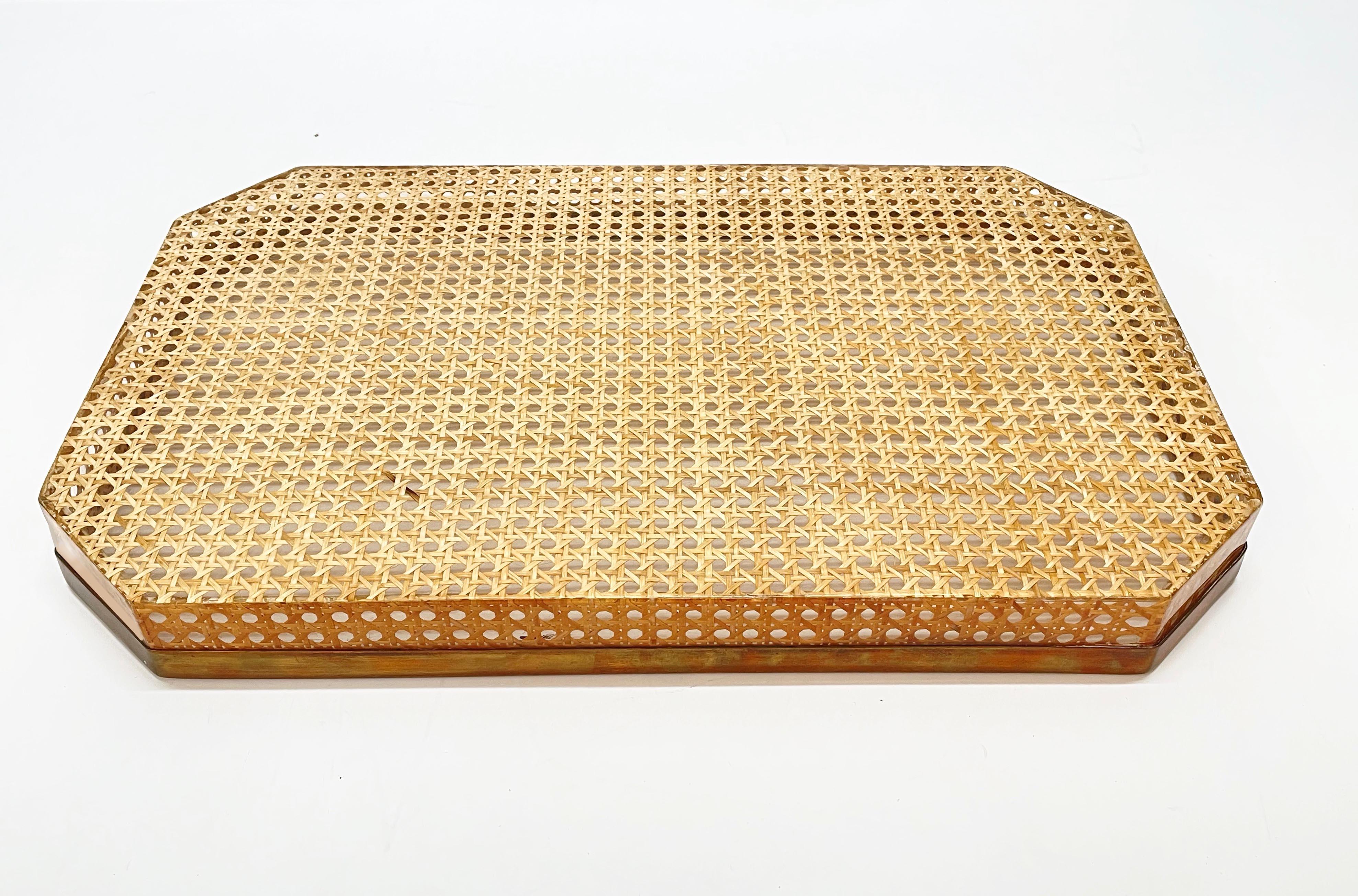 French Midcentury Christian Dior Style Lucite Brass and Vienna Straw Serving Tray 1970s