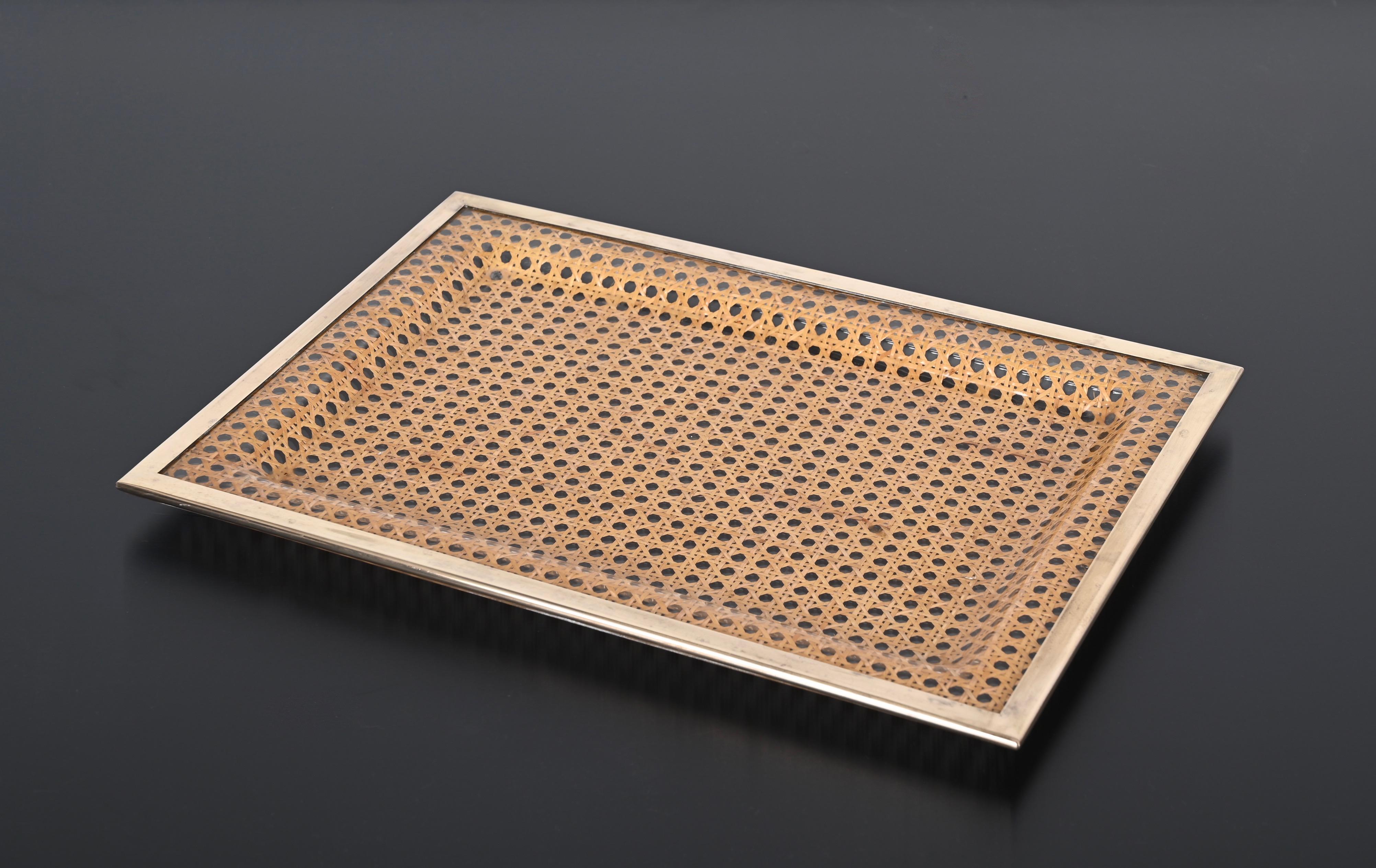 Midcentury Christian Dior Style Lucite Brass and Vienna Straw Serving Tray 1970s For Sale 2